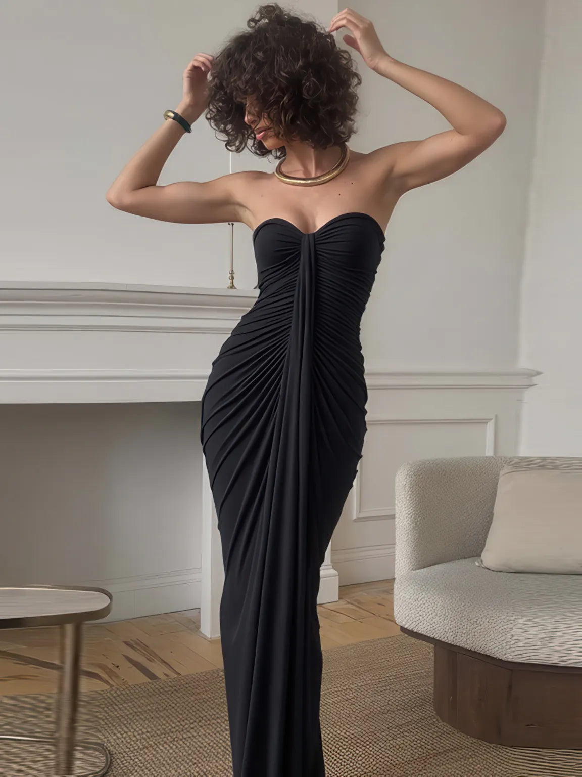 Pleated Hip-Wrap Slim Dress for Women — Tailored Fit
