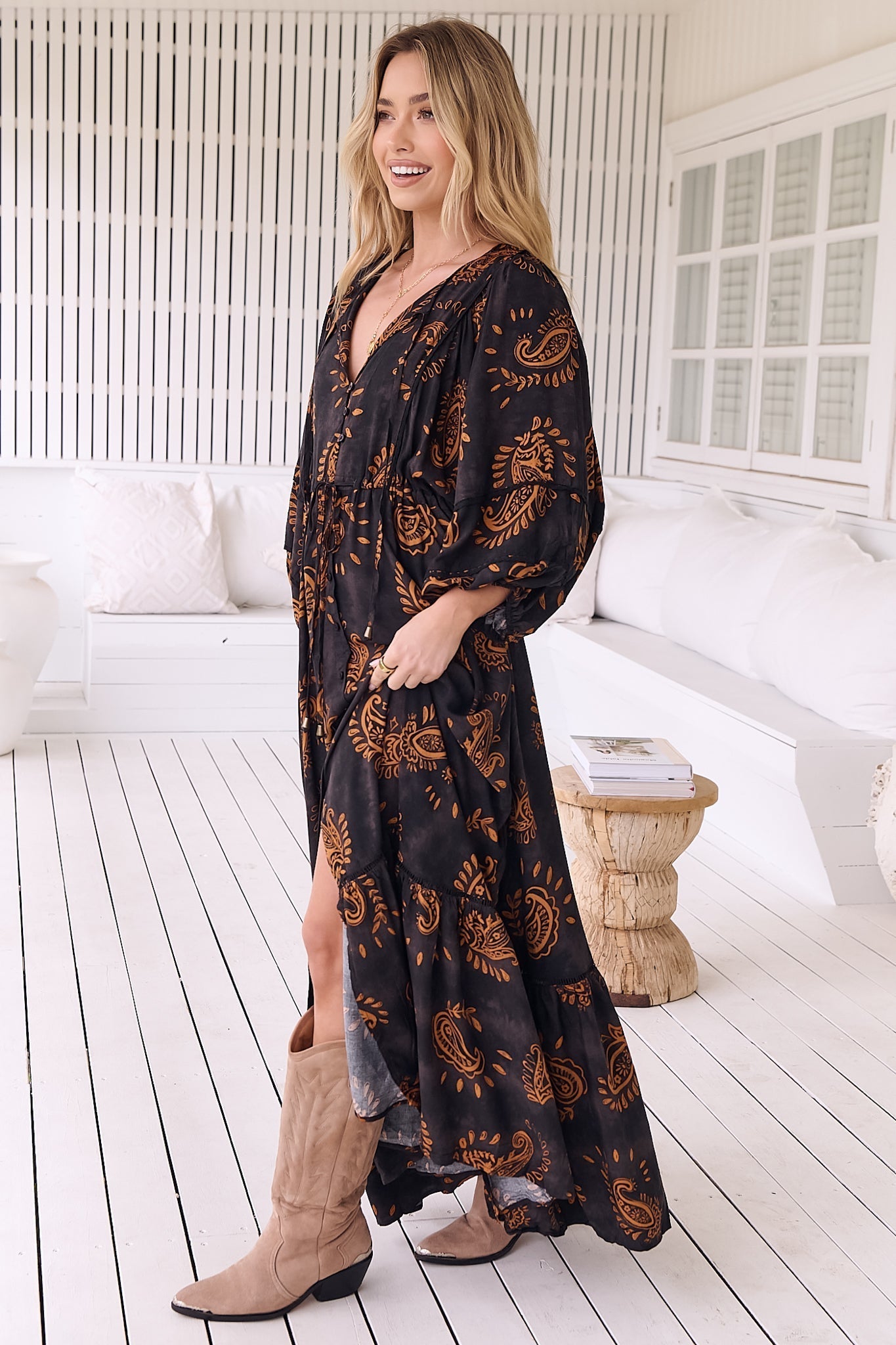 JAASE - Catalonia Maxi Dress: Batwing Sleeve Button Down Smock Dress in... — gallery