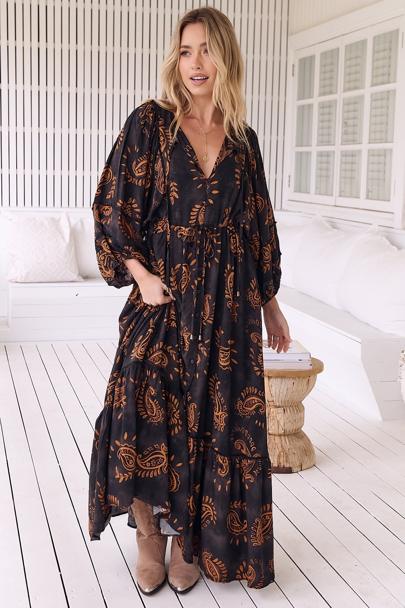 JAASE - Catalonia Maxi Dress: Batwing Sleeve Button Down Smock Dress in...