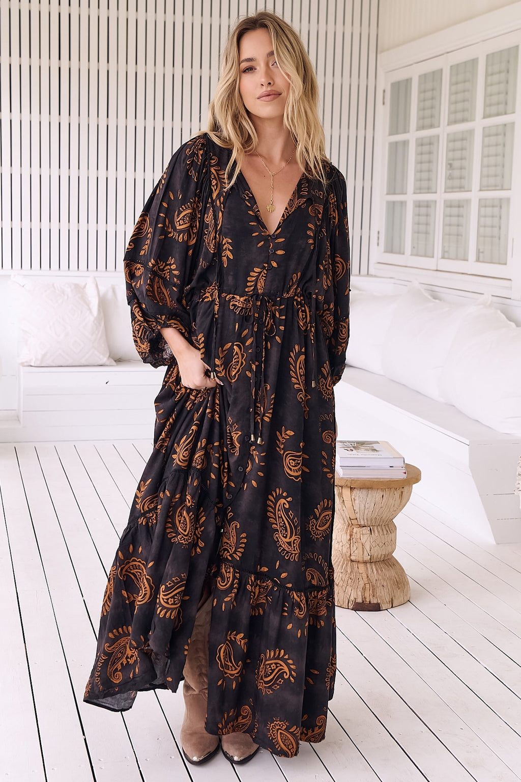 JAASE - Catalonia Maxi Dress: Batwing Sleeve Button Down Smock Dress in... — gallery