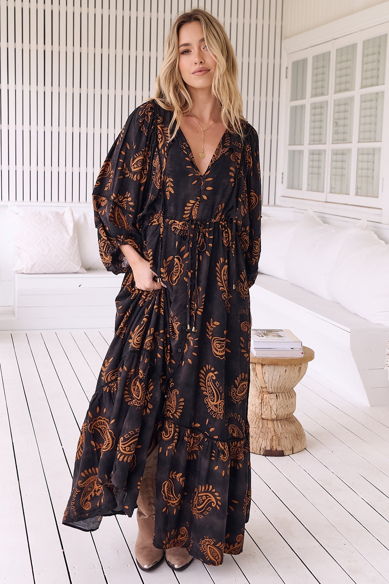 JAASE - Catalonia Maxi Dress: Batwing Sleeve Button Down Smock Dress in... — gallery