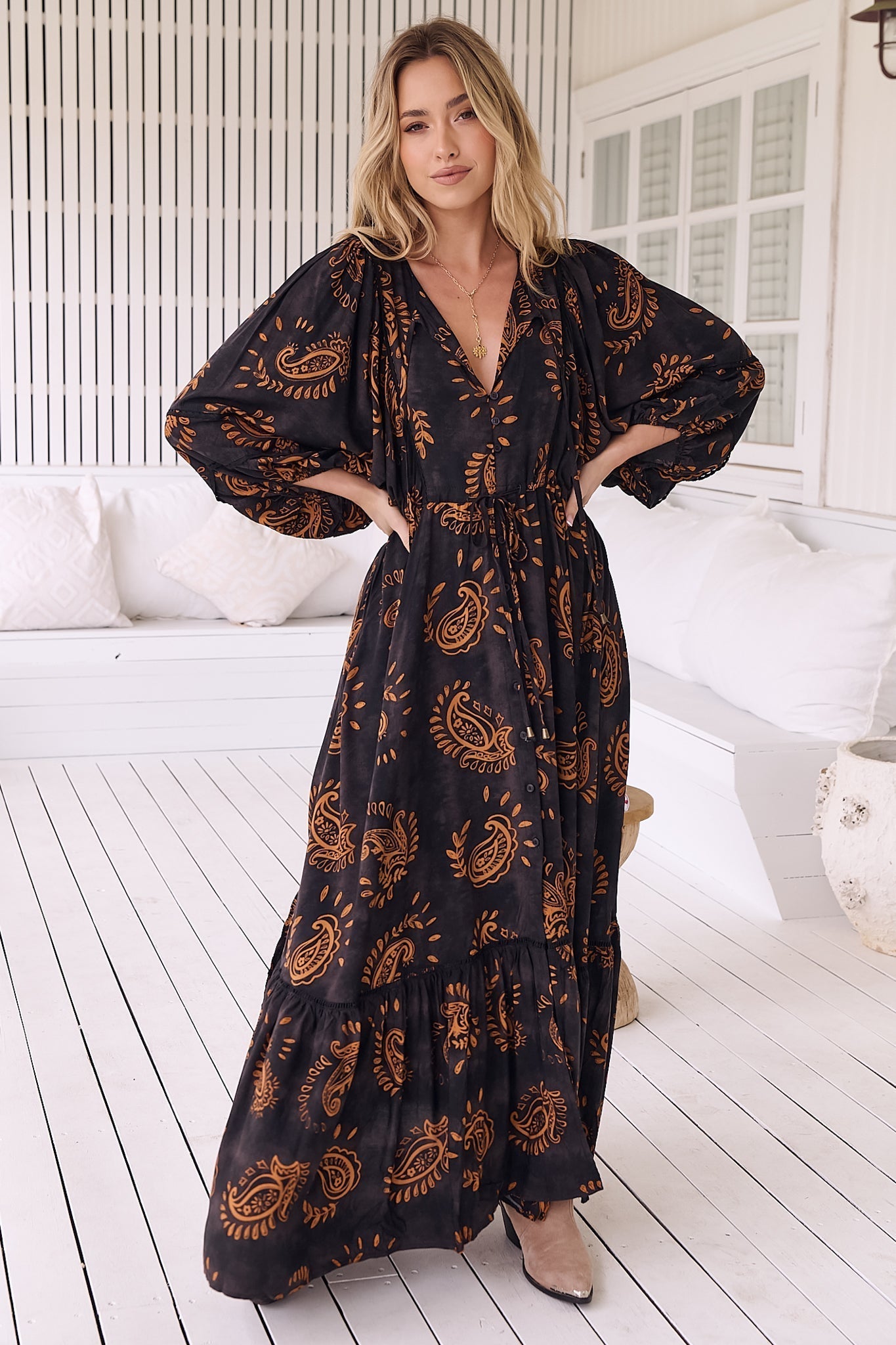 JAASE - Catalonia Maxi Dress: Batwing Sleeve Button Down Smock Dress in... — gallery
