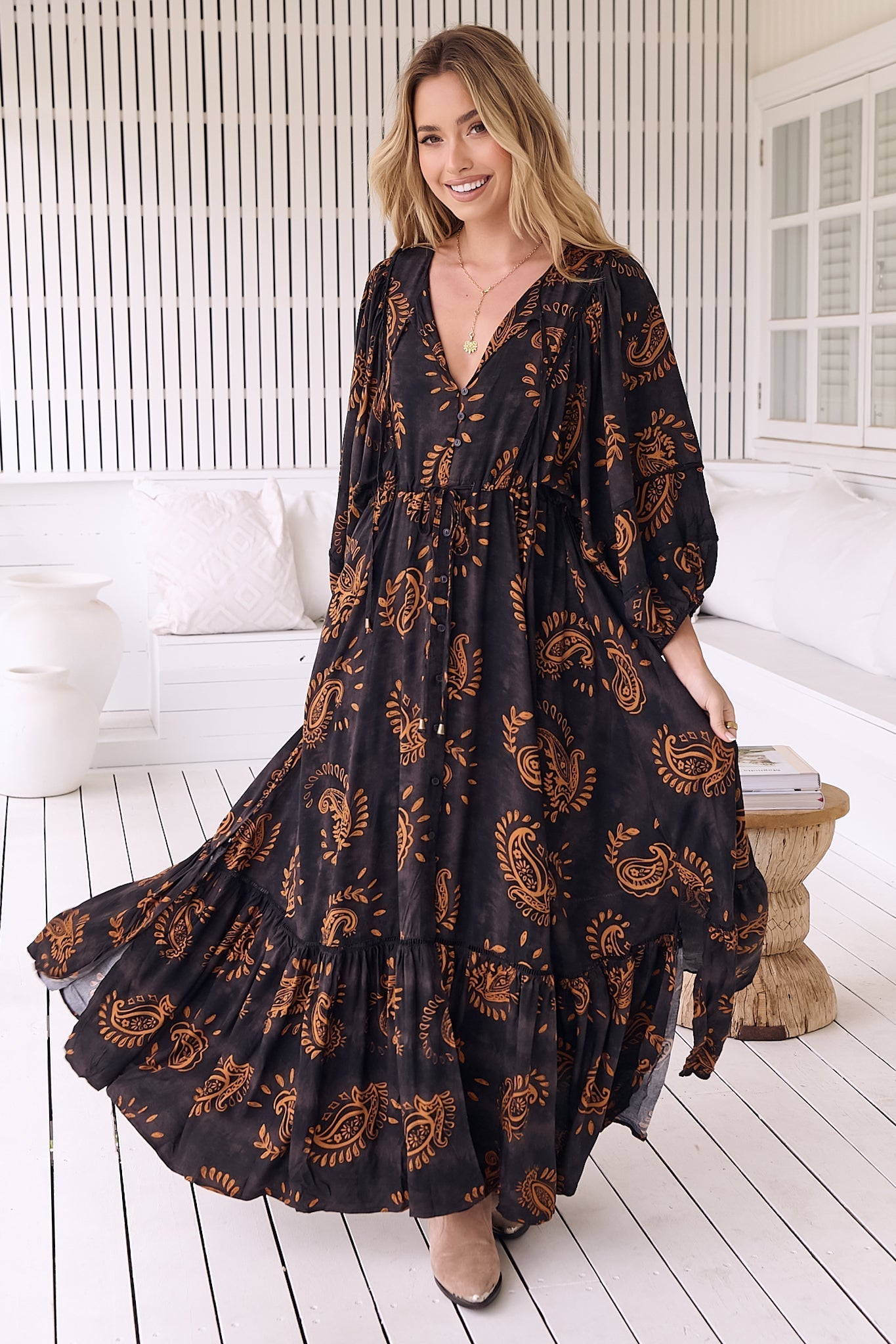 JAASE - Catalonia Maxi Dress: Batwing Sleeve Button Down Smock Dress in... — gallery