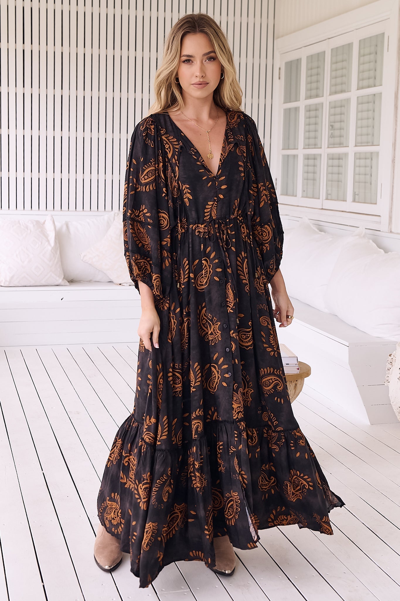 JAASE - Catalonia Maxi Dress: Batwing Sleeve Button Down Smock Dress in... — gallery