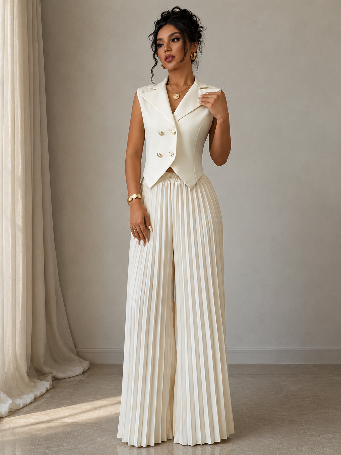 Tailored Vest and Pleated Palazzo Trousers Set for Women - gallery