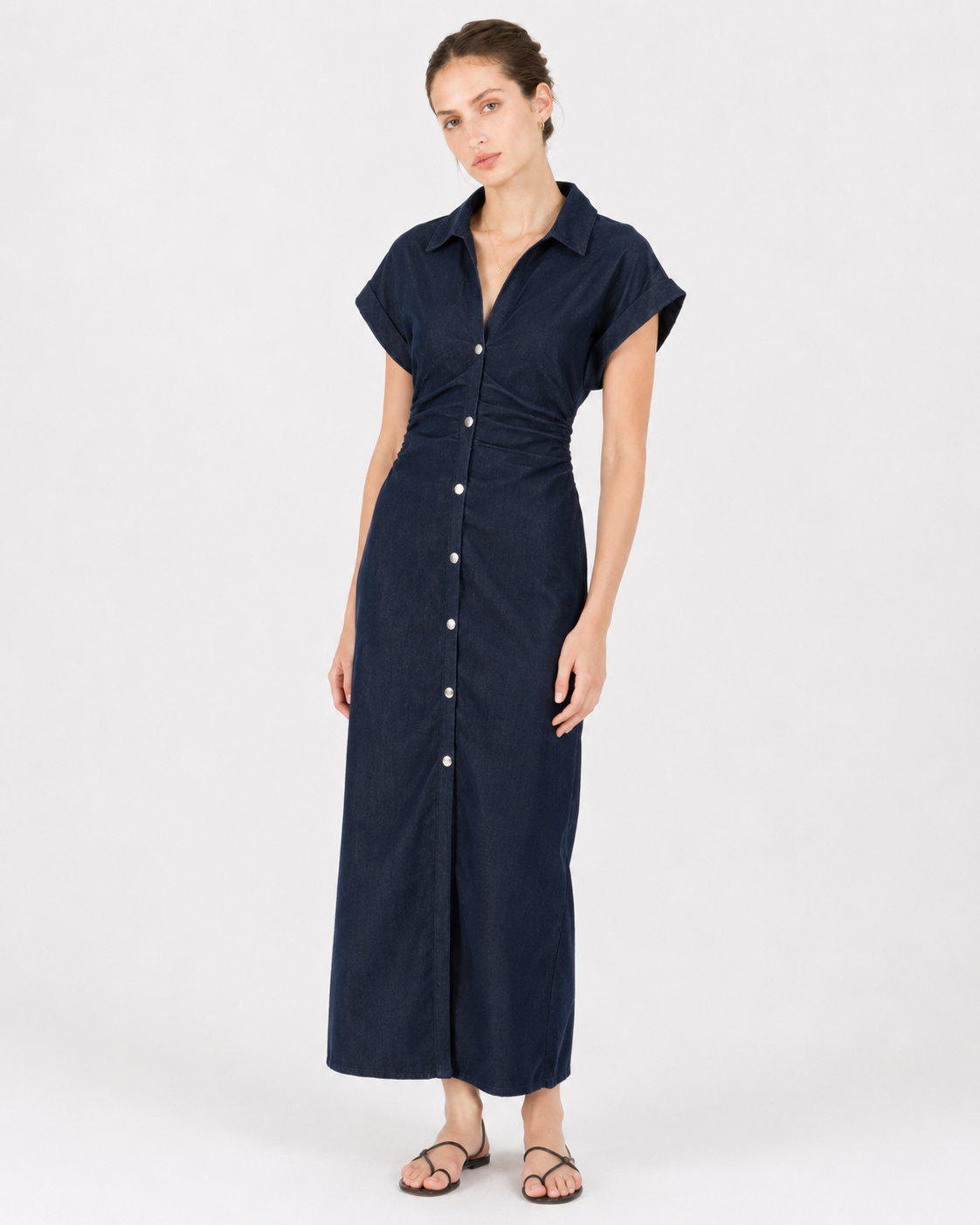 Snatched-Waist Denim Midi Dress for Women - gallery