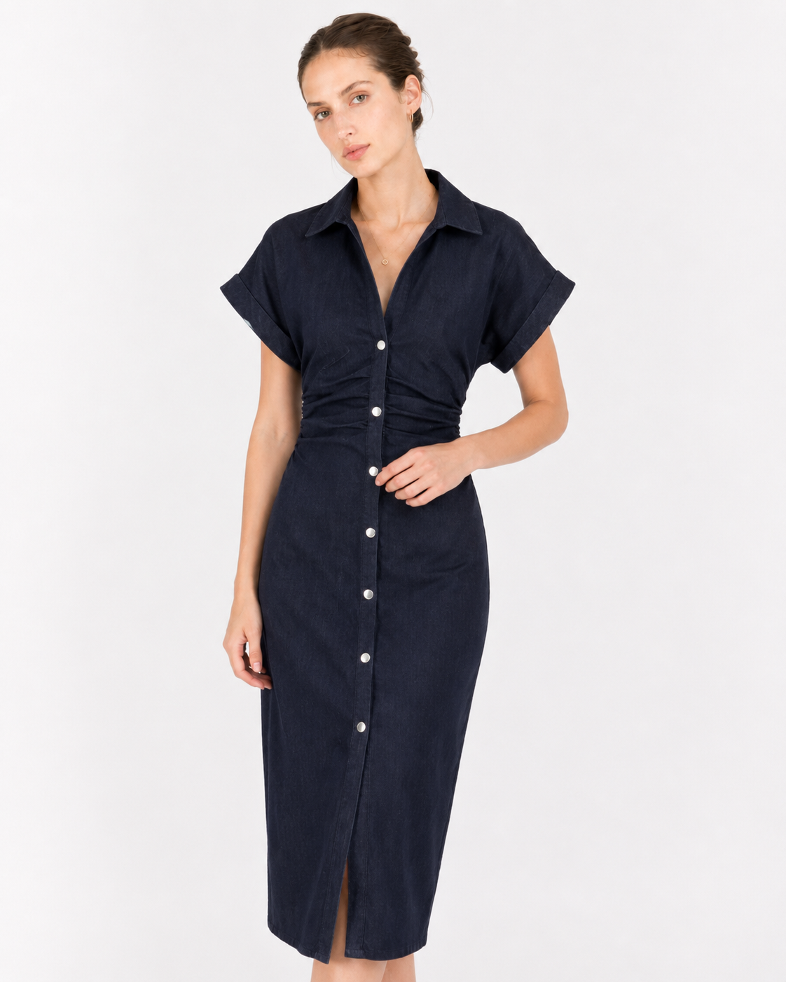 Snatched-Waist Denim Midi Dress for Women - gallery