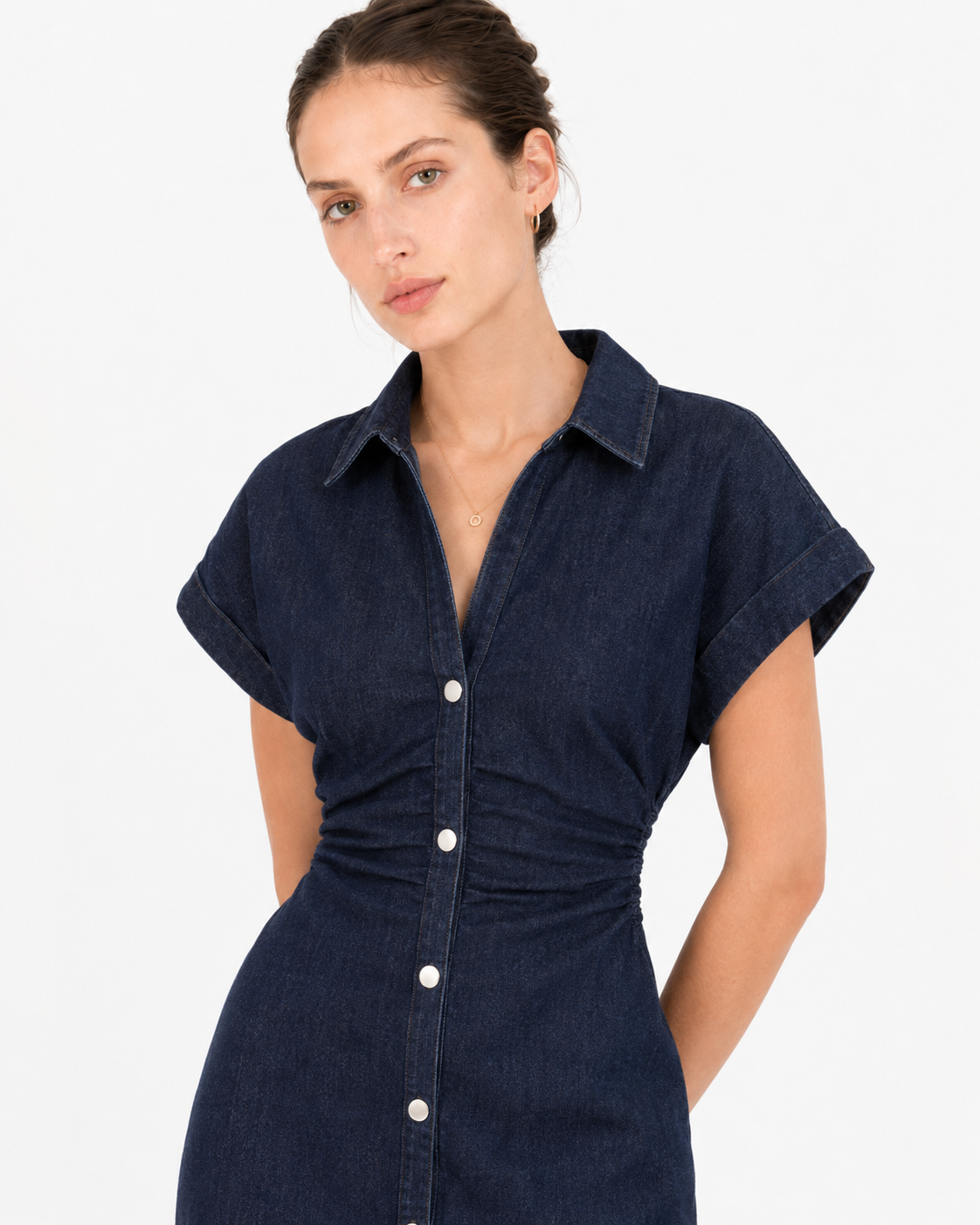 Snatched-Waist Denim Midi Dress for Women