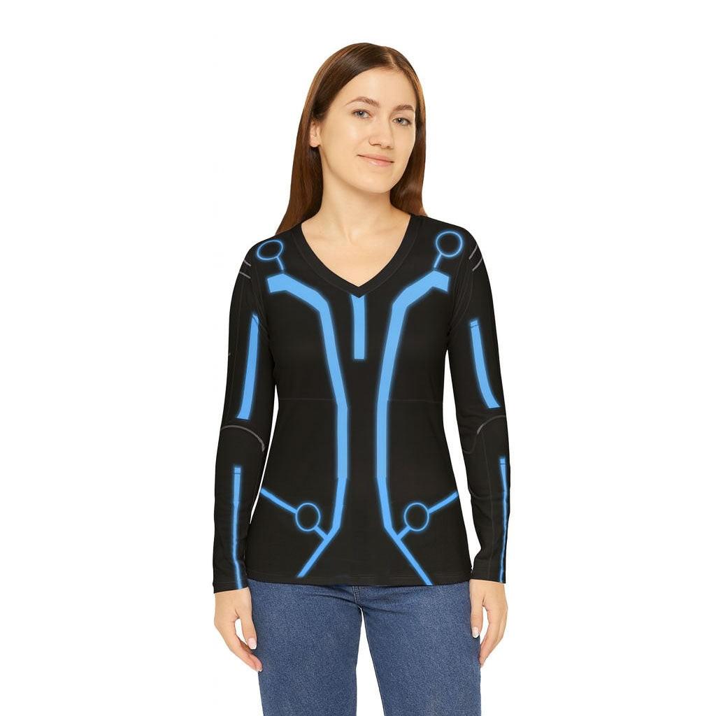 Neon Grid Print Long Sleeve V-Neck Shirt for Women