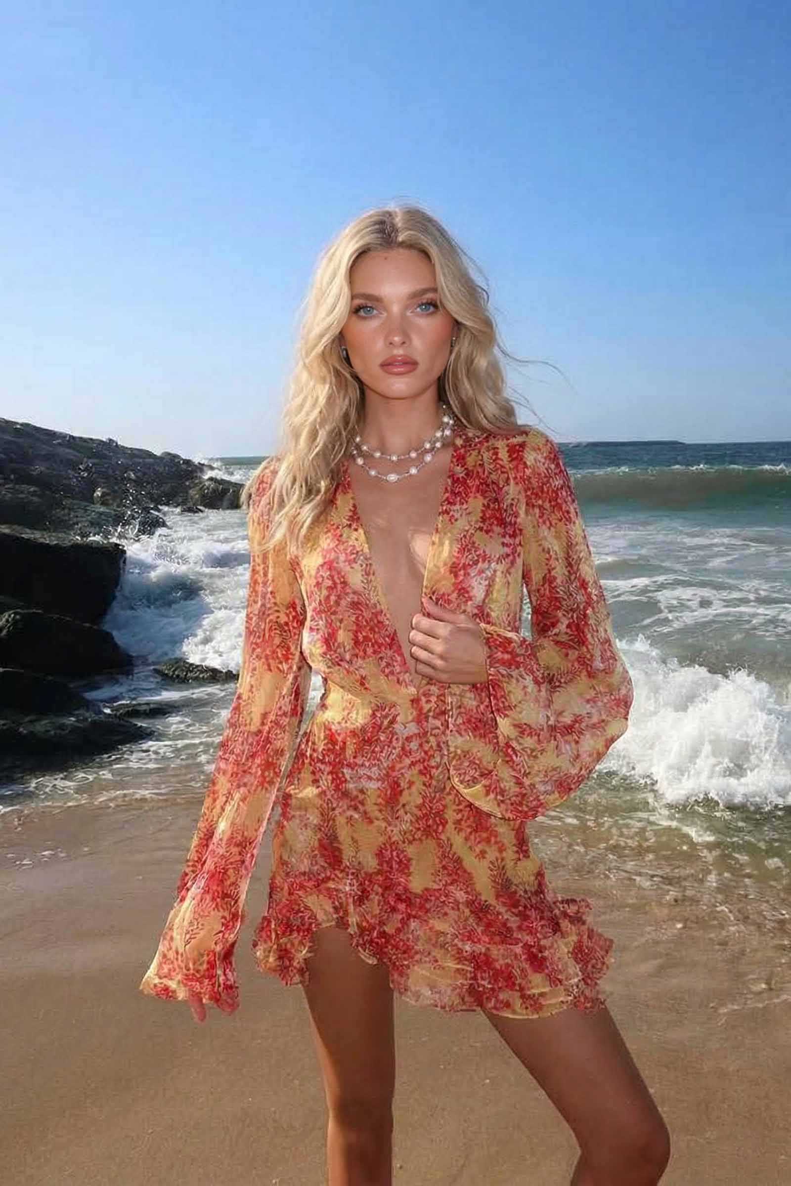 Deep V-Neck Printed Mini Dress for Women - gallery