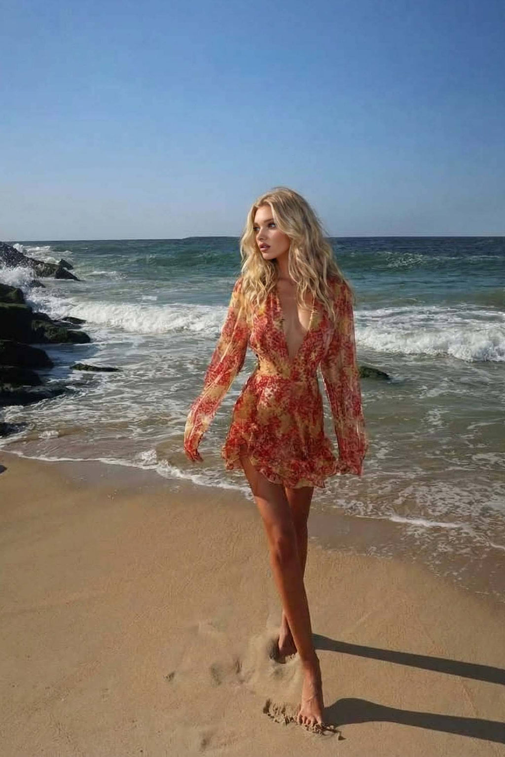Deep V-Neck Printed Mini Dress for Women - gallery