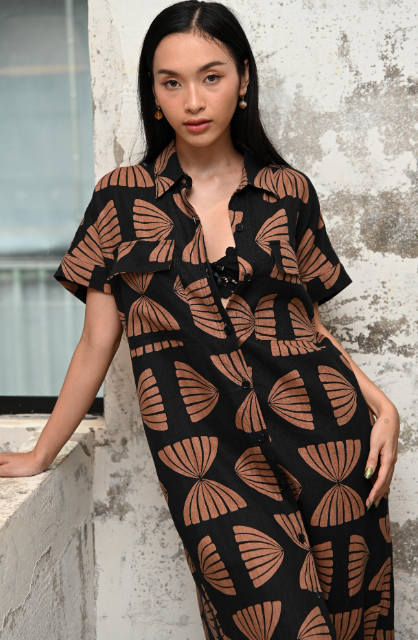 Copper Butterfly Linen Maxi Shirt Dress for Women