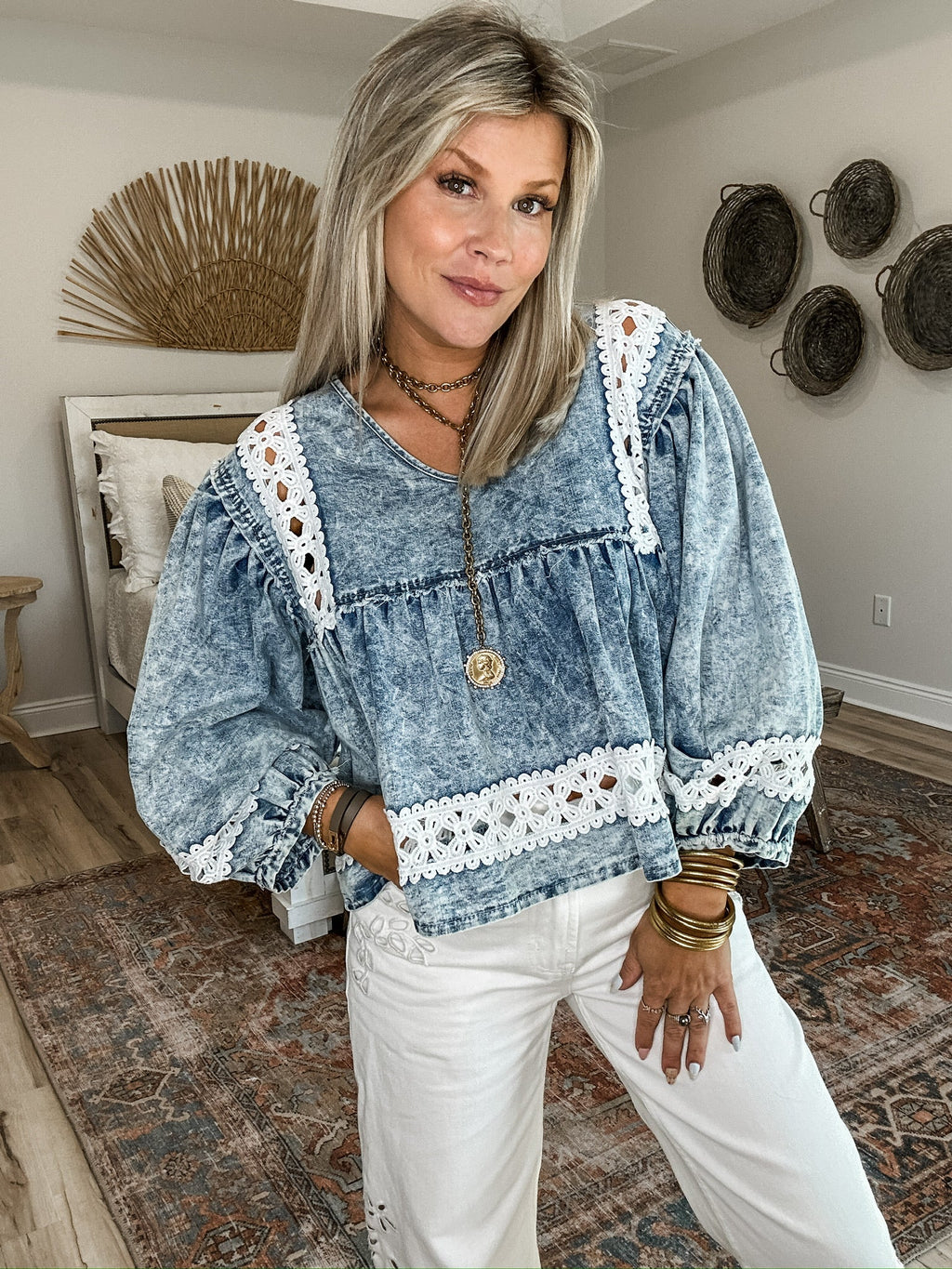 Mineral Wash Denim Top for Women — Lace Detail Bold Texture