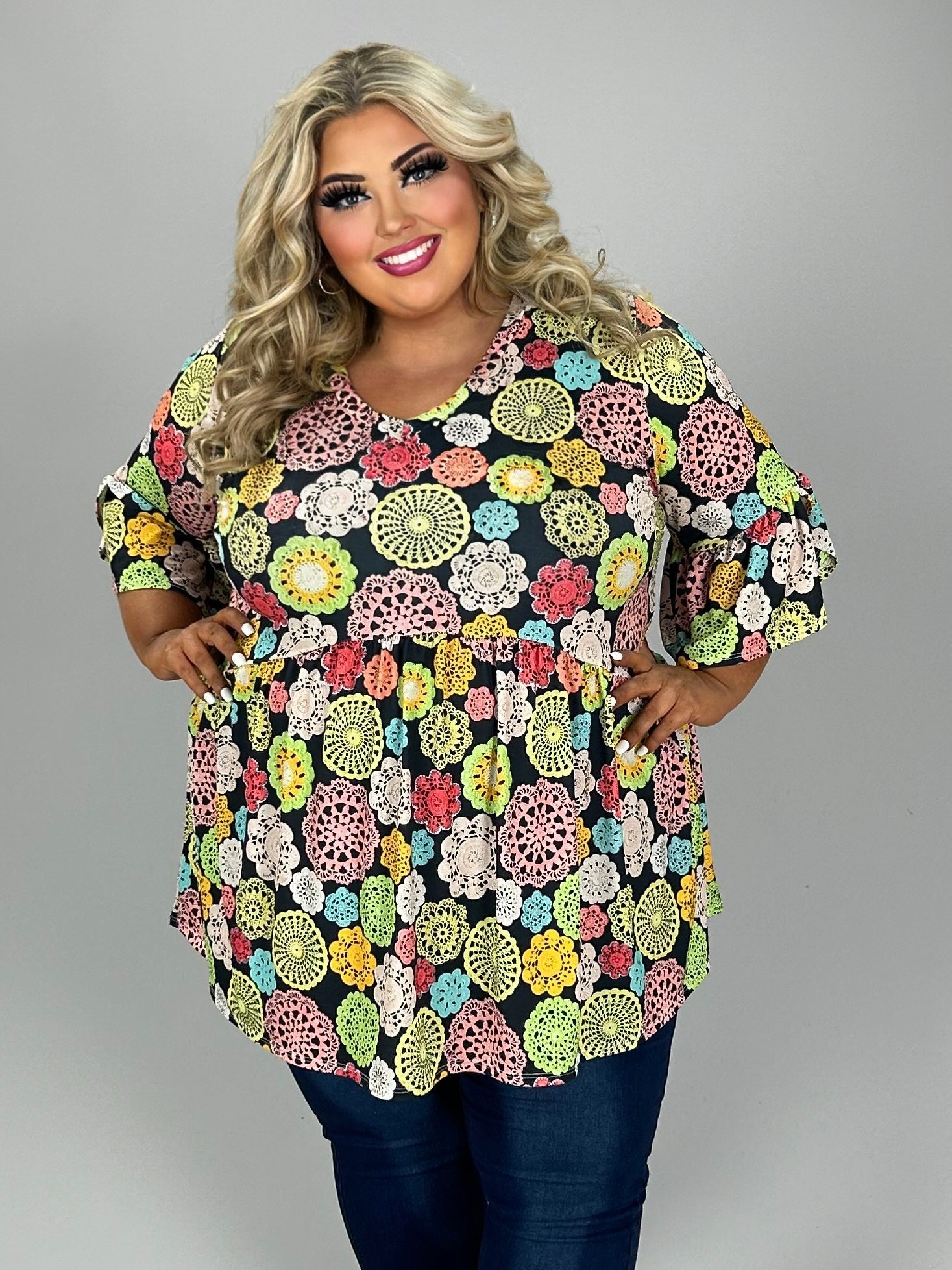 Friends For Life Crochet Print Babydoll Top for Women