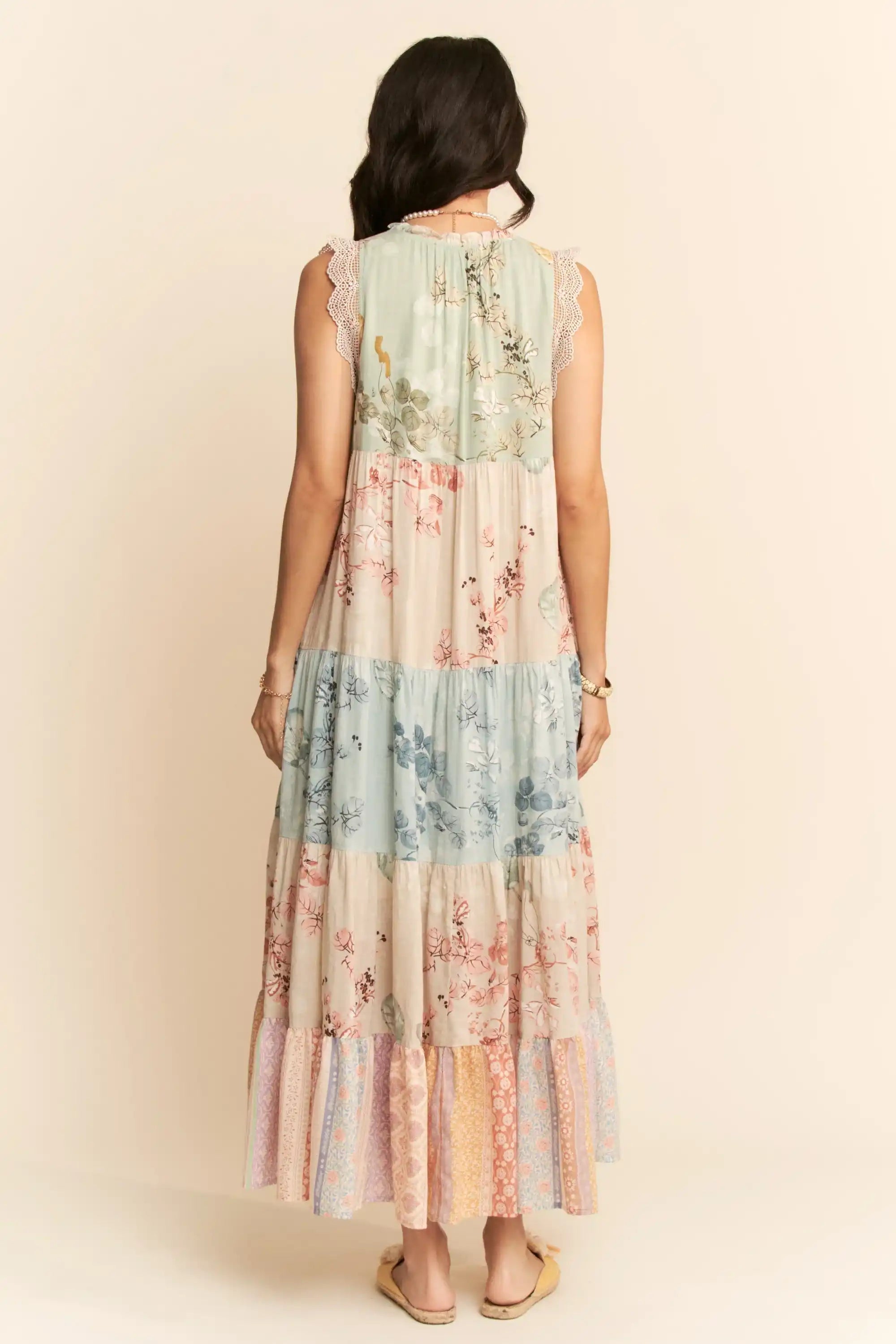 Tiered Patchwork Floral Maxi Dress for Women — Boho Lace Trim - gallery