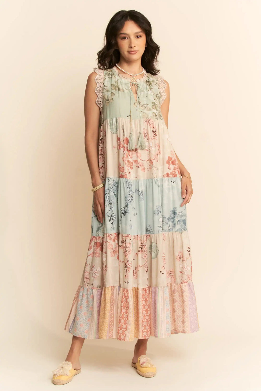 Tiered Patchwork Floral Maxi Dress for Women — Boho Lace Trim - gallery