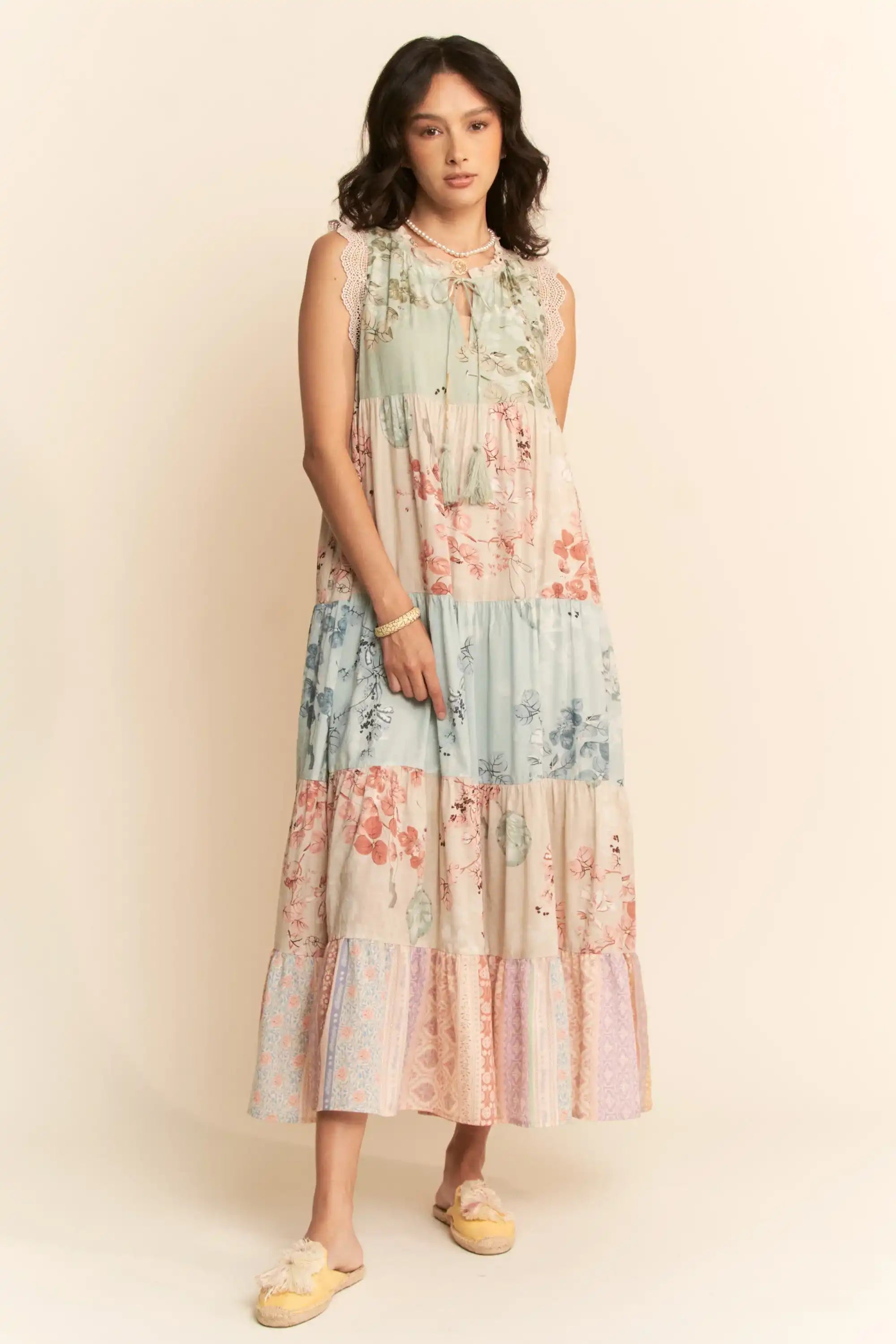 Tiered Patchwork Floral Maxi Dress for Women — Boho Lace Trim