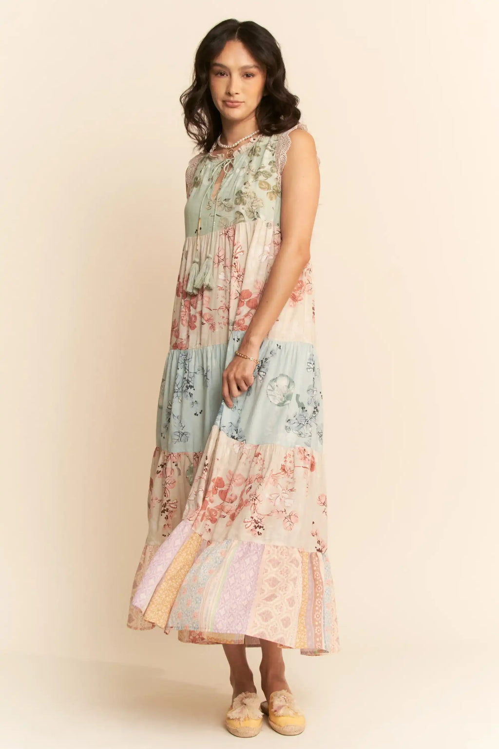 Tiered Patchwork Floral Maxi Dress for Women — Boho Lace Trim - gallery
