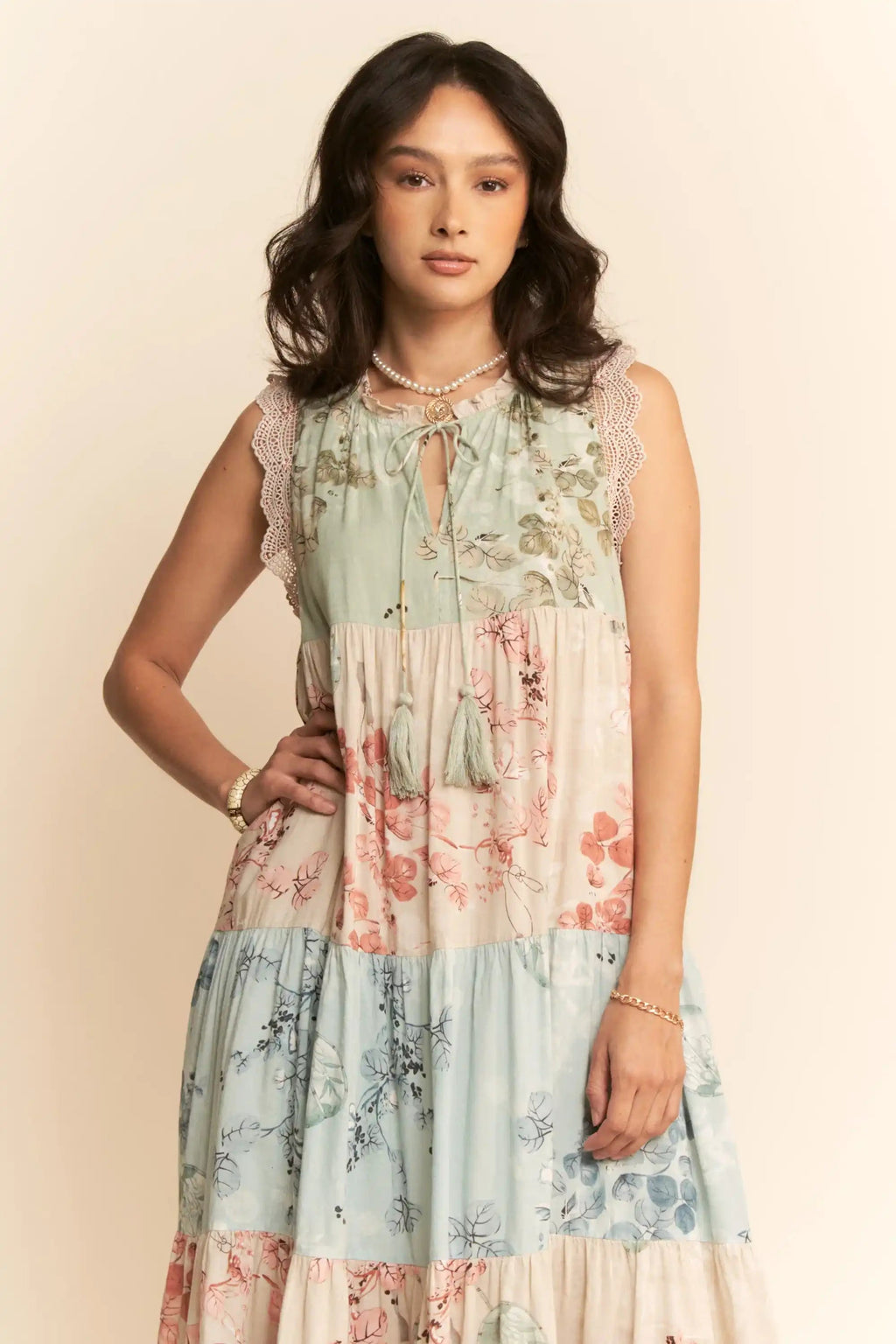 Tiered Patchwork Floral Maxi Dress for Women — Boho Lace Trim - gallery