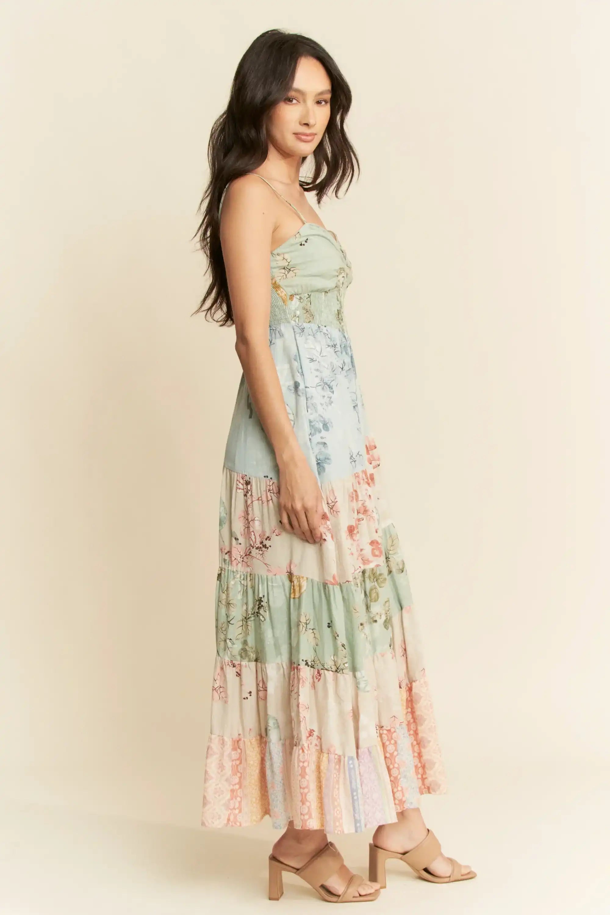 Tiered Patchwork Maxi Dress for Women — Sweetheart Smocked Bodice - gallery
