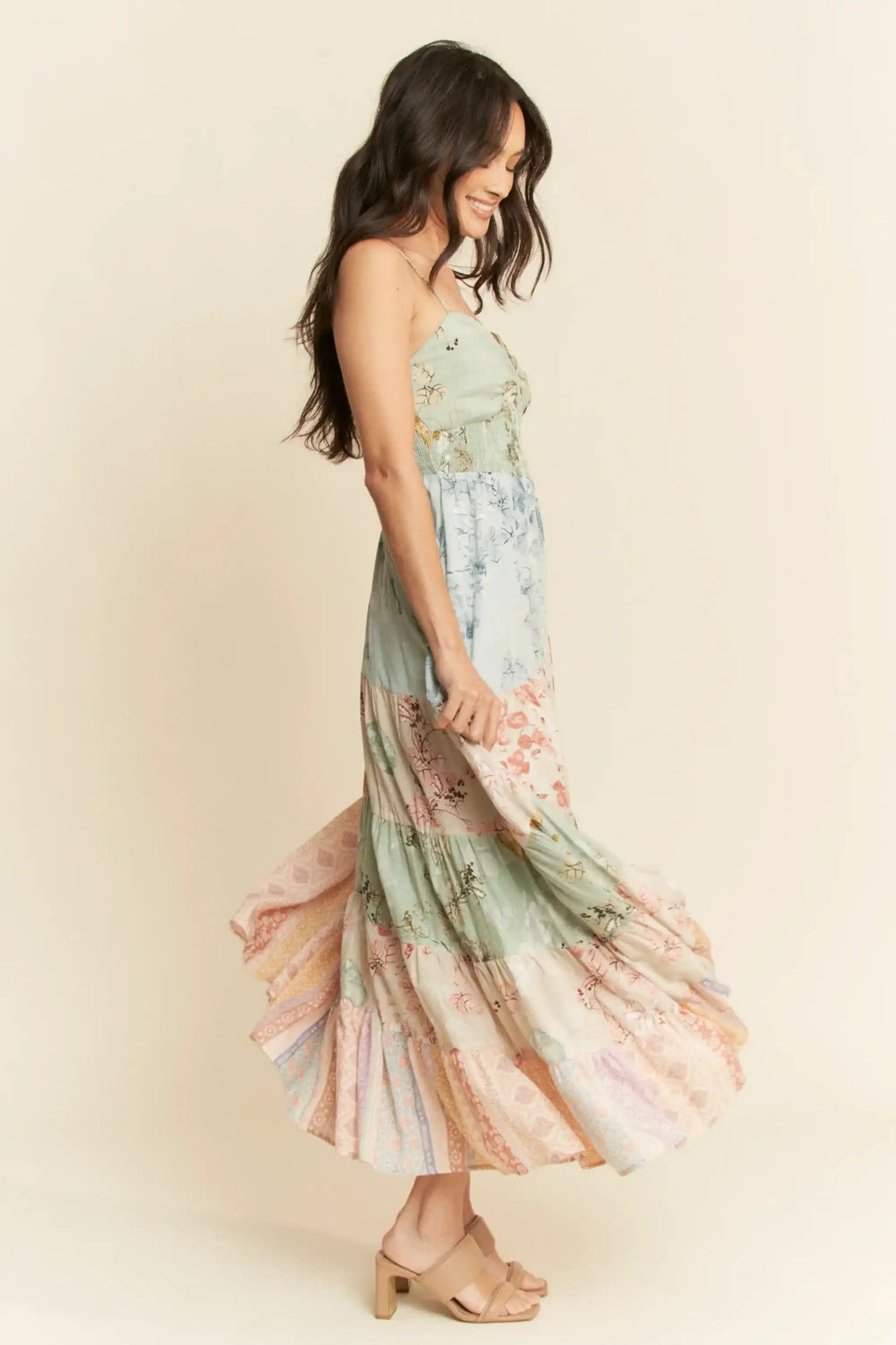 Tiered Patchwork Maxi Dress for Women — Sweetheart Smocked Bodice - gallery