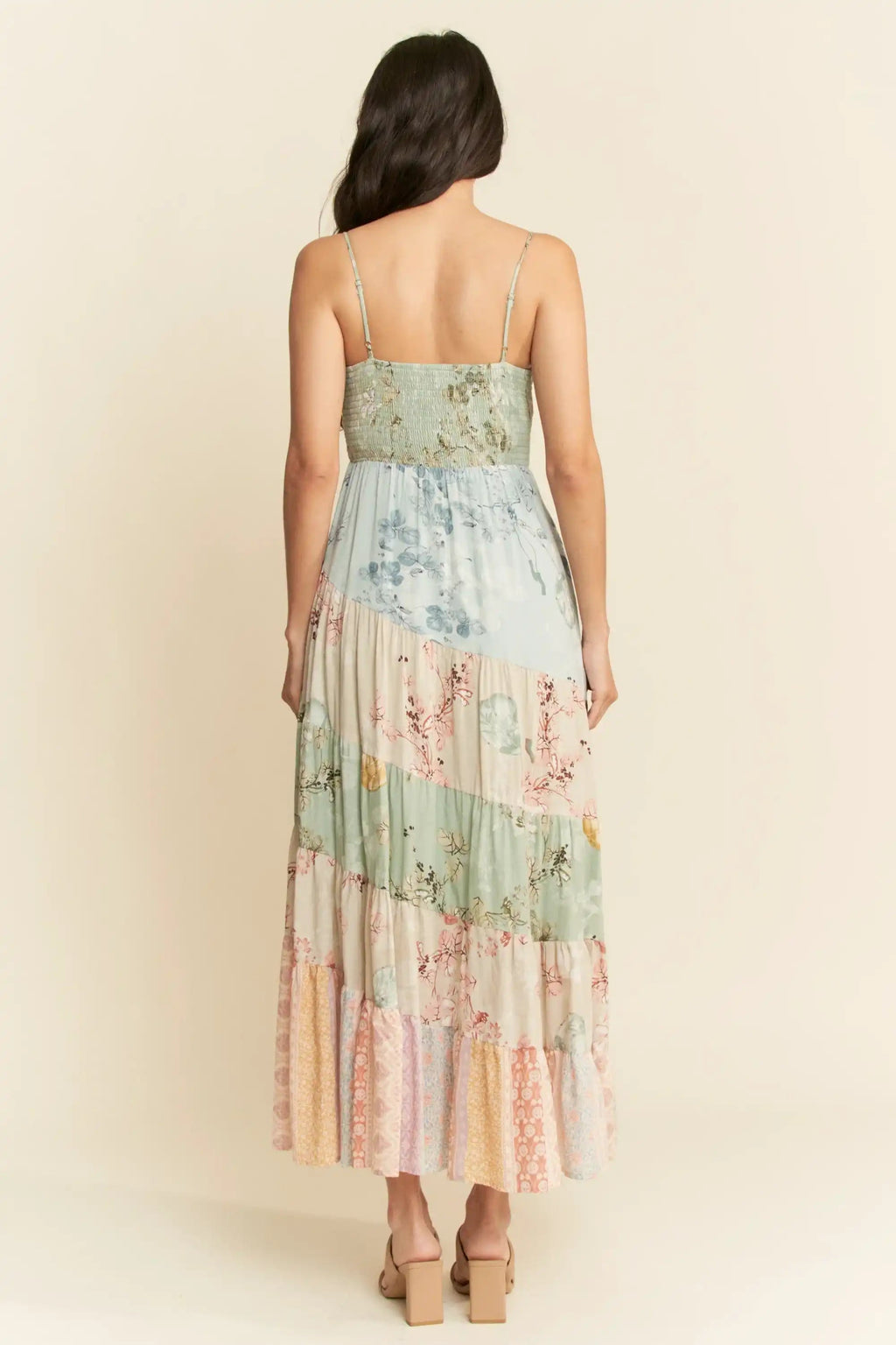 Tiered Patchwork Maxi Dress for Women — Sweetheart Smocked Bodice - gallery