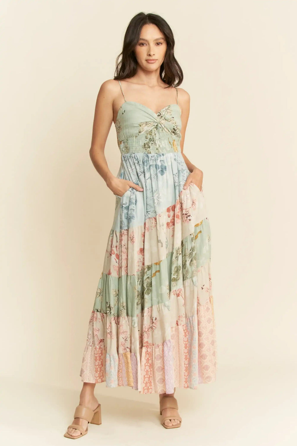 Tiered Patchwork Maxi Dress for Women — Sweetheart Smocked Bodice