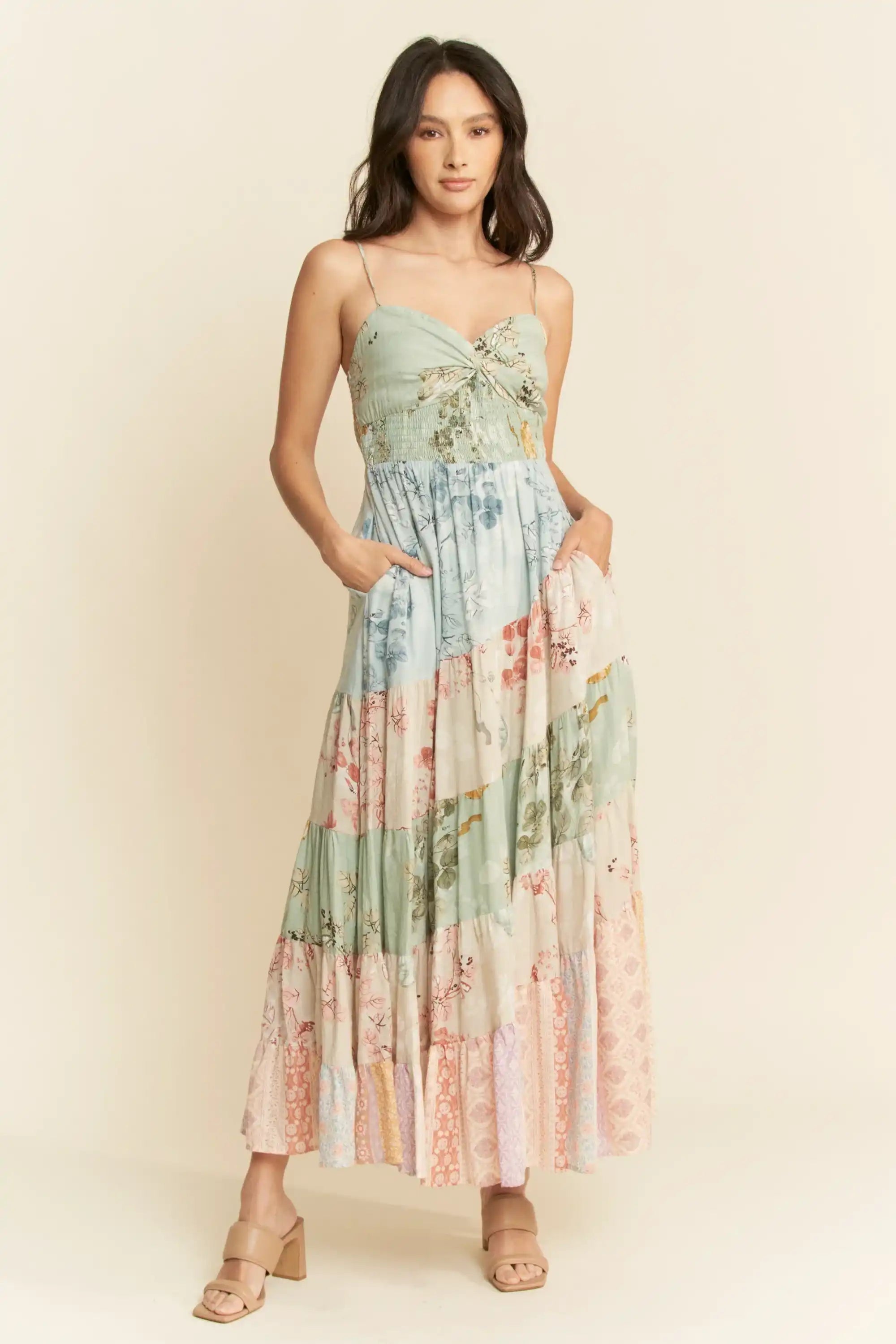 Tiered Patchwork Maxi Dress for Women — Sweetheart Smocked Bodice