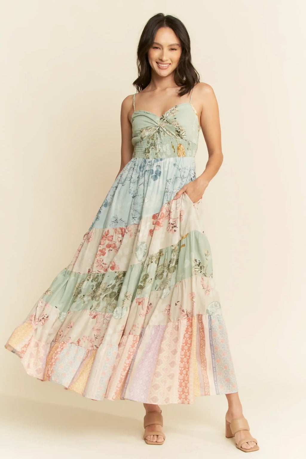 Tiered Patchwork Maxi Dress for Women — Sweetheart Smocked Bodice - gallery