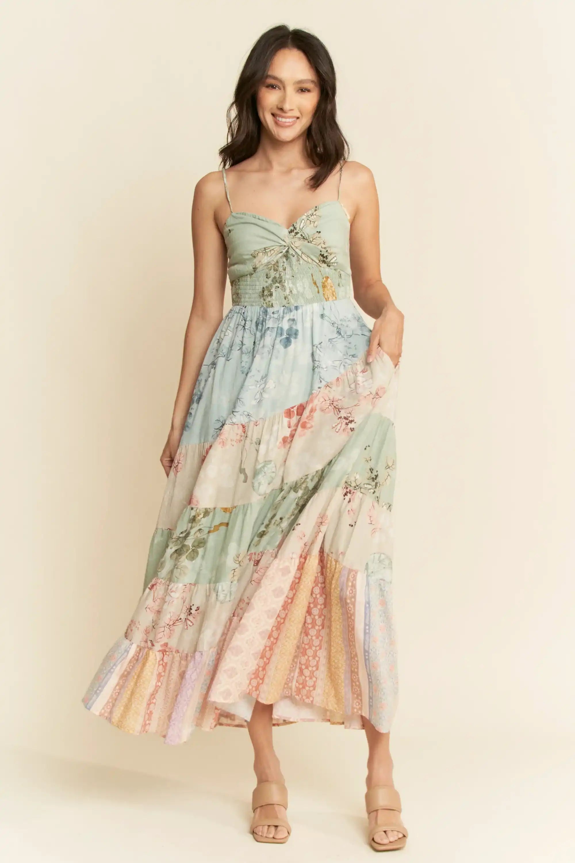 Tiered Patchwork Maxi Dress for Women — Sweetheart Smocked Bodice - gallery
