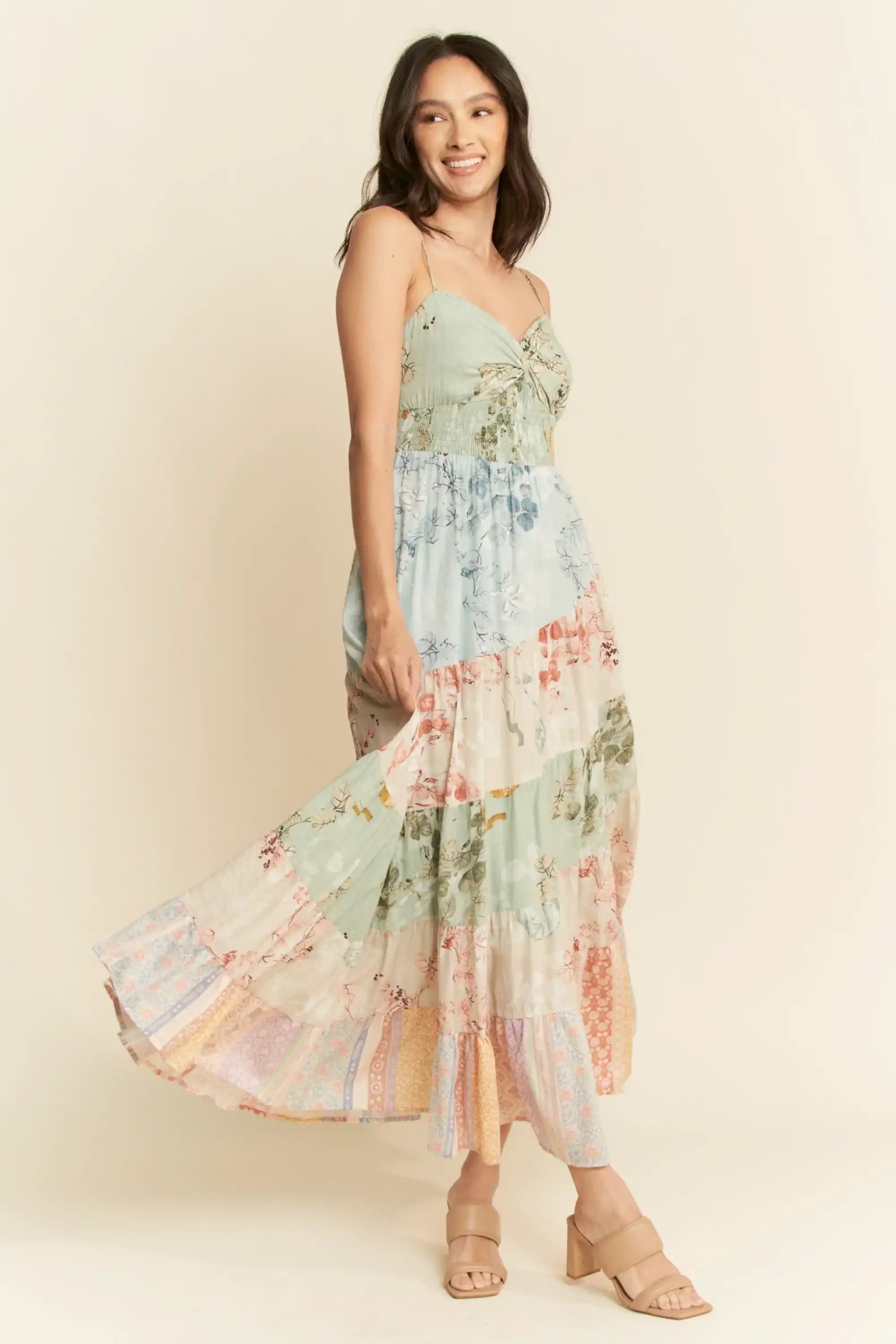Tiered Patchwork Maxi Dress for Women — Sweetheart Smocked Bodice - gallery