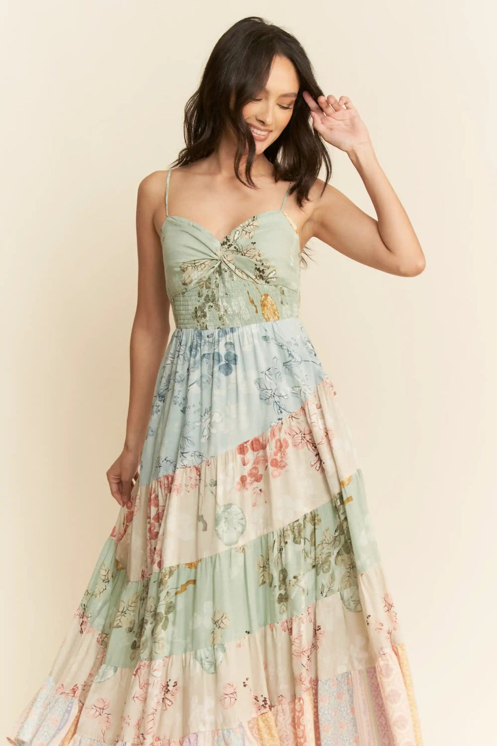 Tiered Patchwork Maxi Dress for Women — Sweetheart Smocked Bodice - gallery