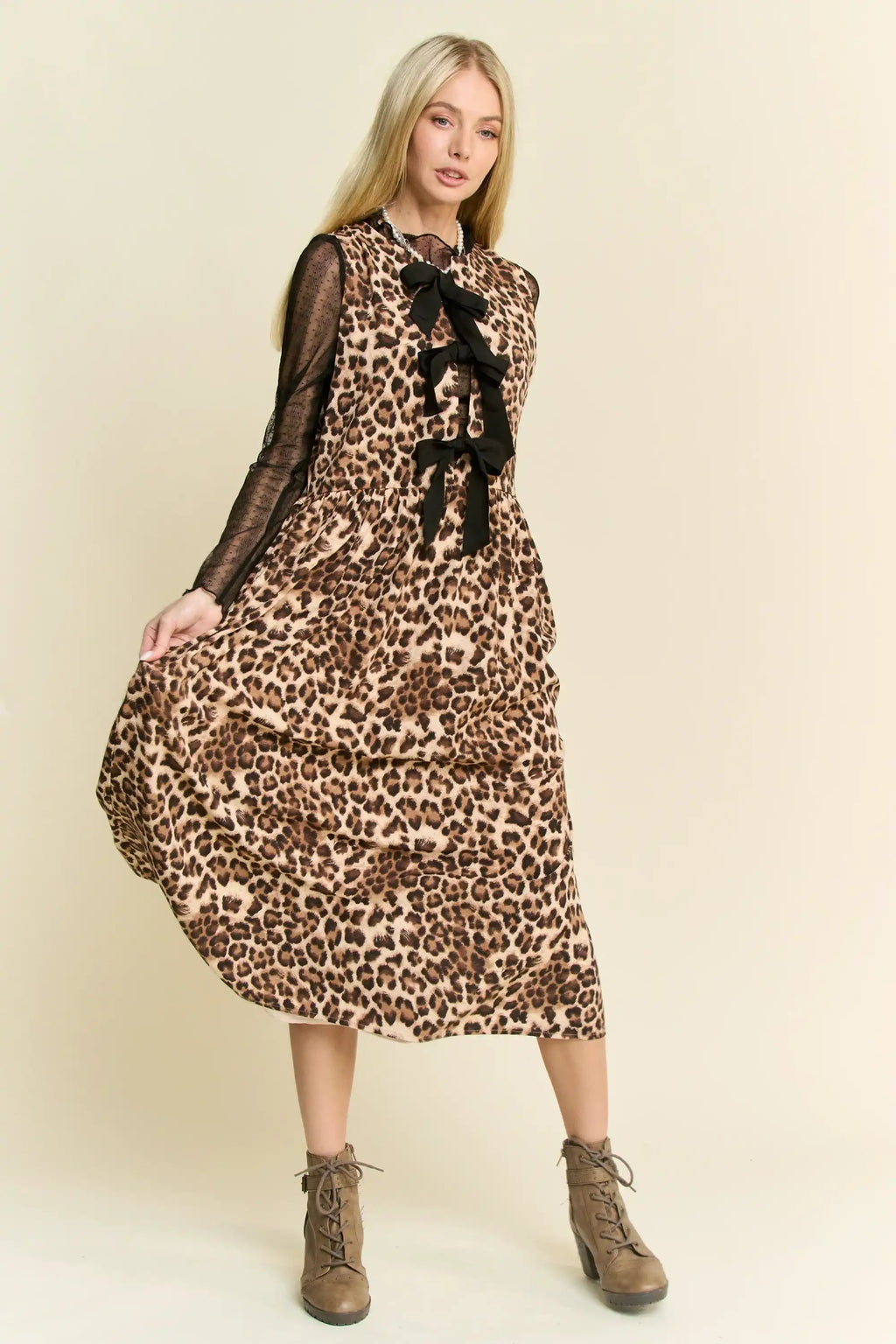 Leopard Print Bow Front Midi Dress for Women — Tiered Skirt - gallery