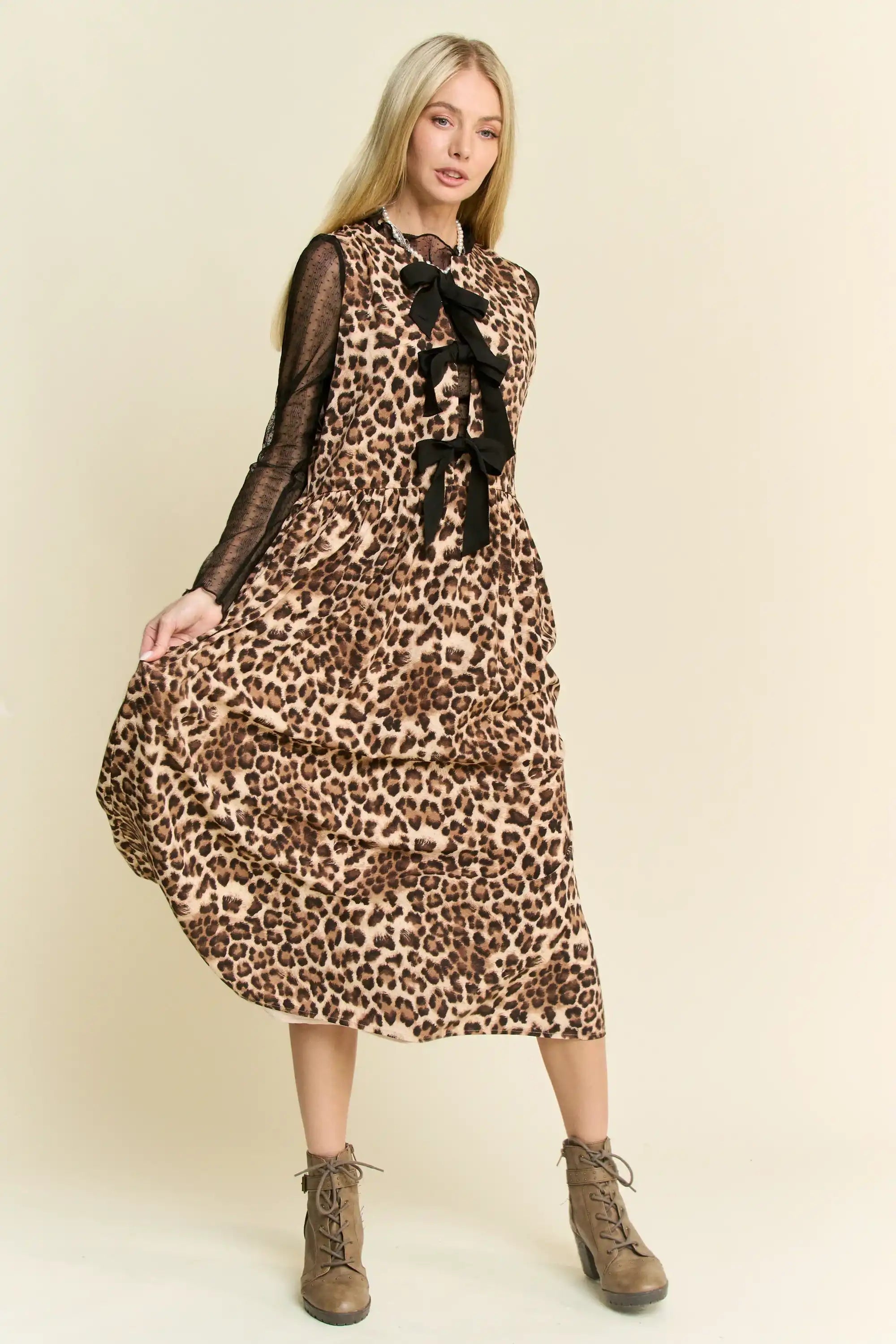 Leopard Print Bow Front Midi Dress for Women — Tiered Skirt - gallery