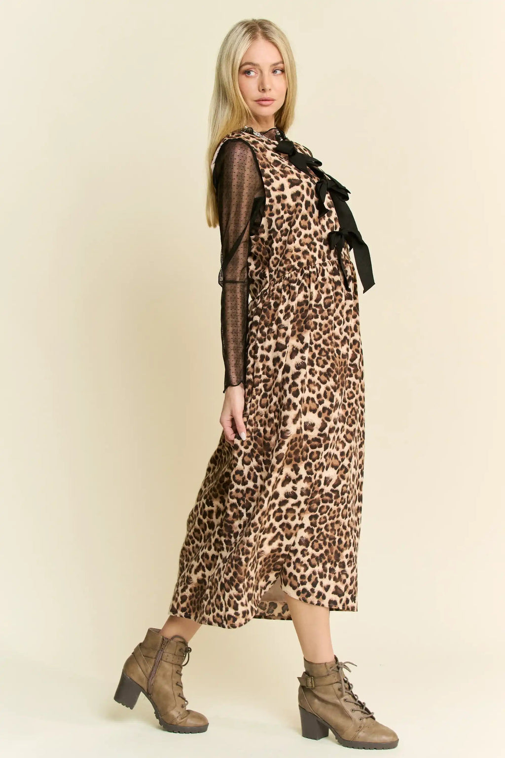 Leopard Print Bow Front Midi Dress for Women — Tiered Skirt - gallery