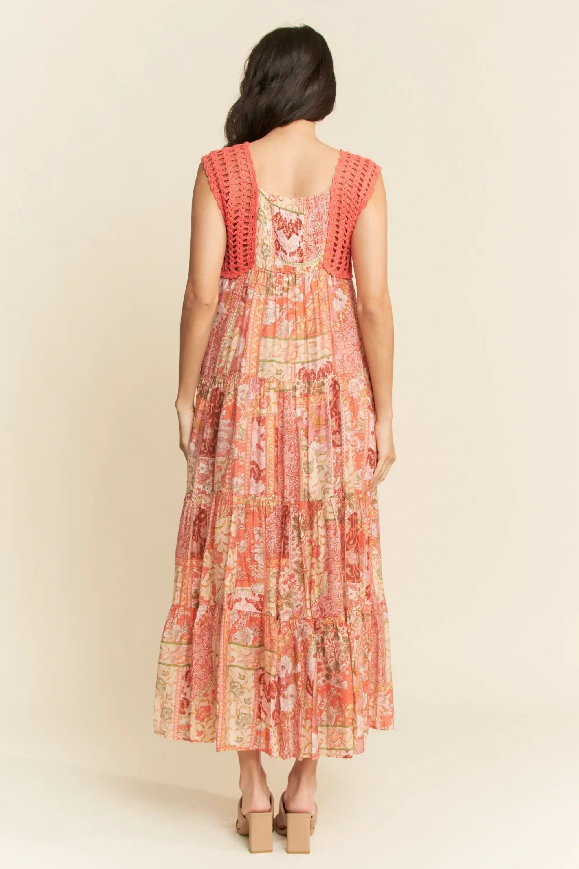 Crochet Bodice Tiered Maxi Dress for Women — Boho Patchwork - gallery