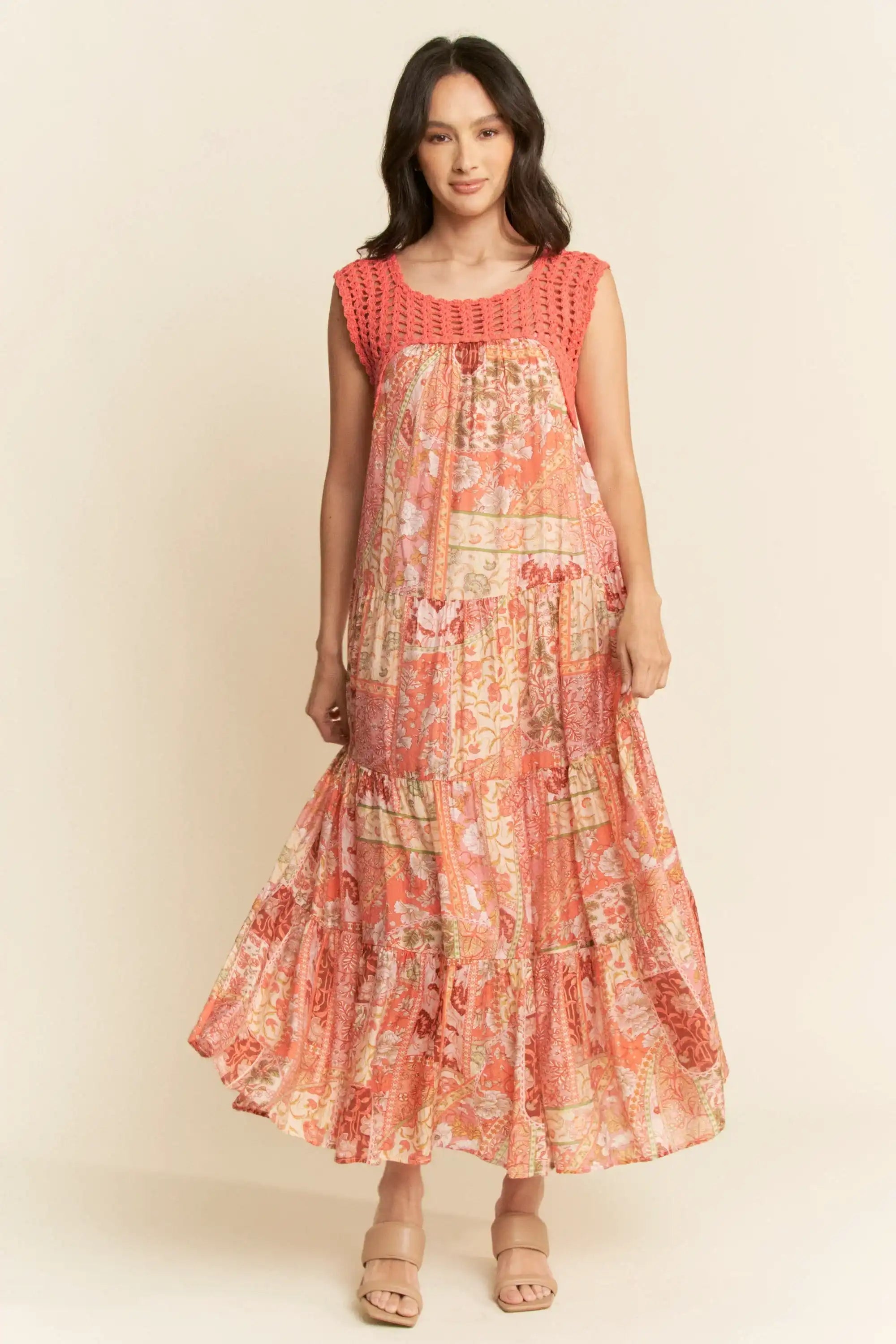Crochet Bodice Tiered Maxi Dress for Women — Boho Patchwork
