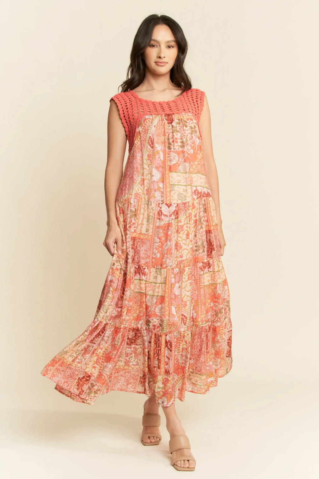 Crochet Bodice Tiered Maxi Dress for Women — Boho Patchwork - gallery