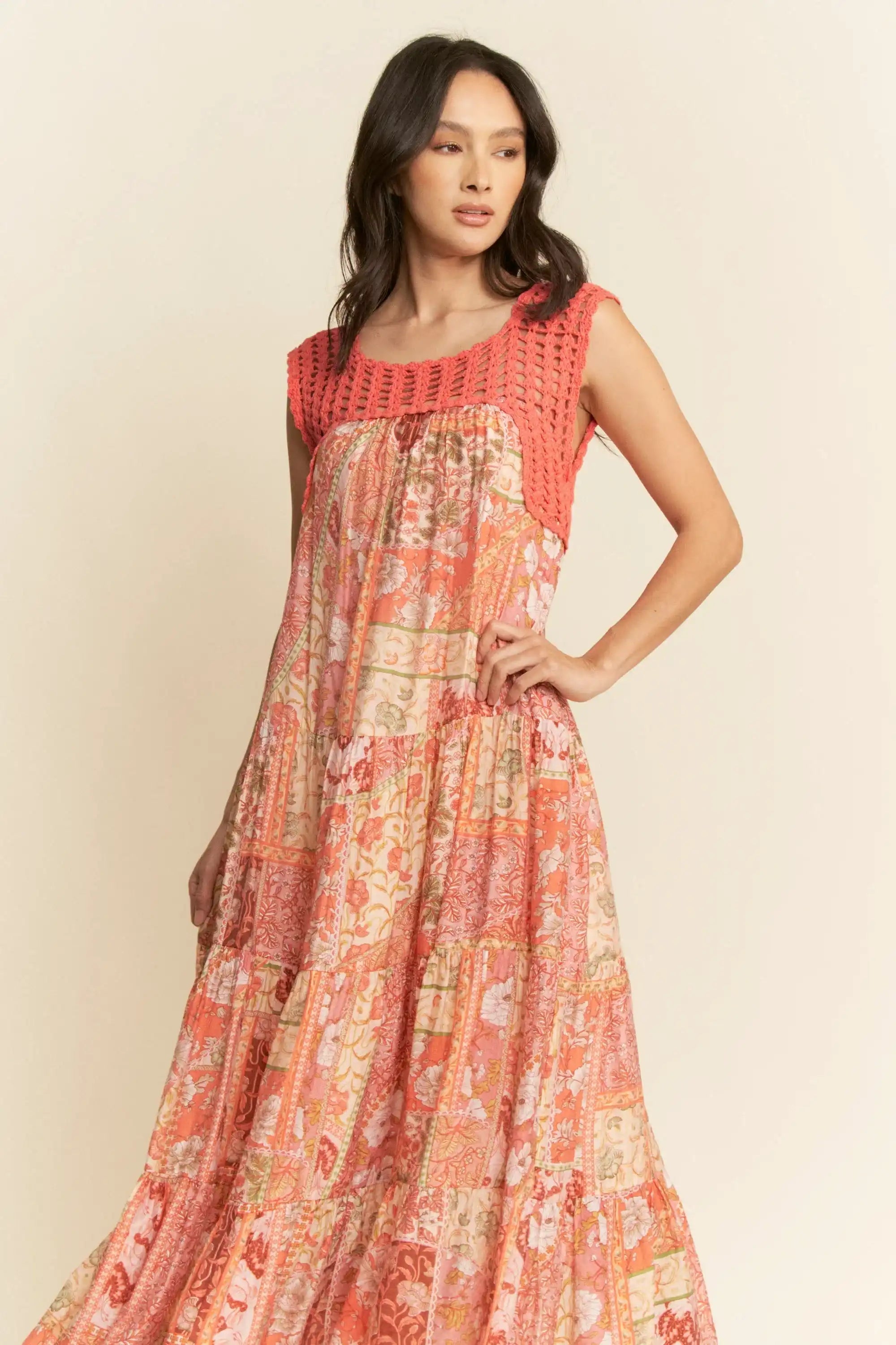 Crochet Bodice Tiered Maxi Dress for Women — Boho Patchwork - gallery