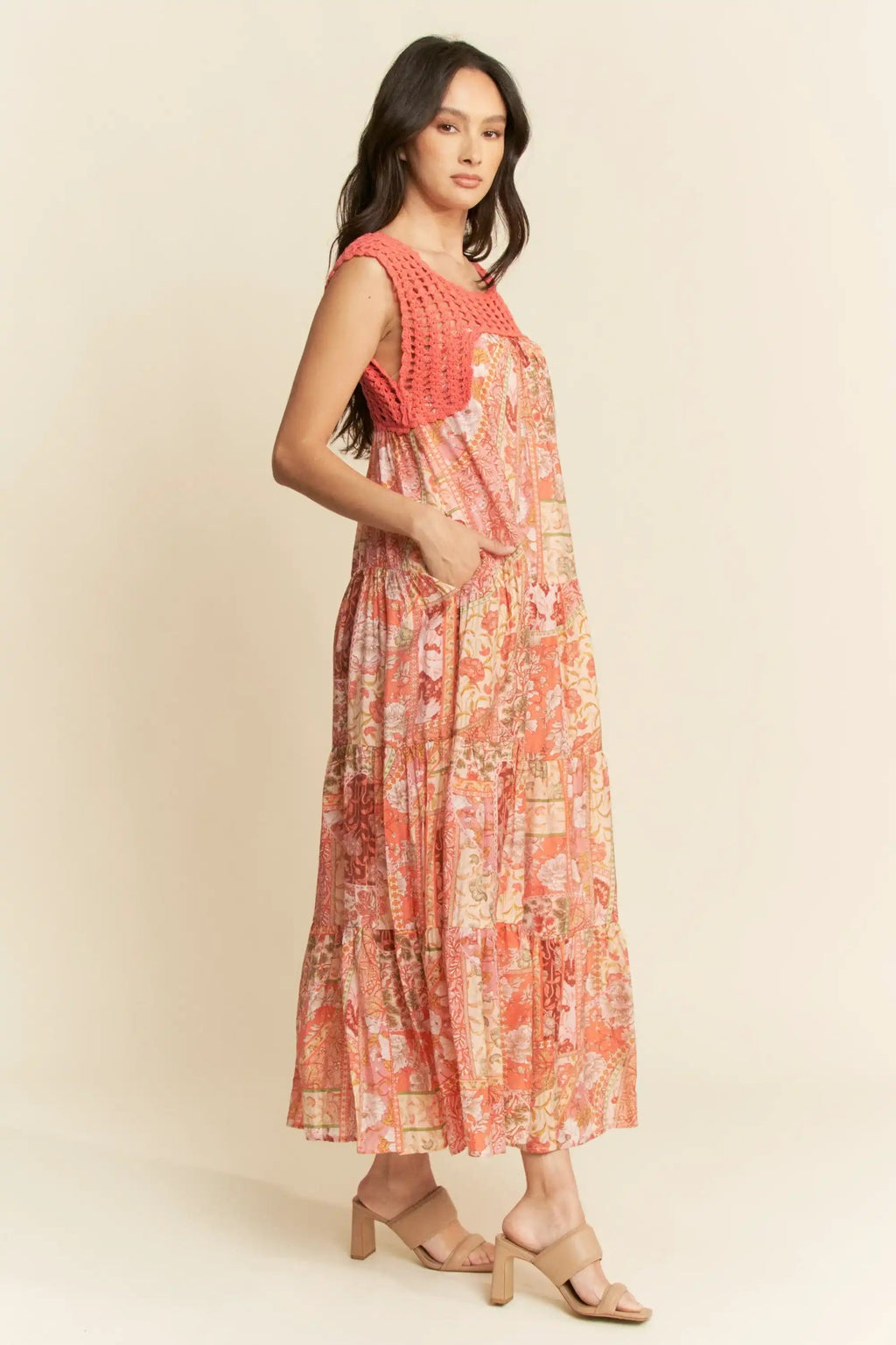 Crochet Bodice Tiered Maxi Dress for Women — Boho Patchwork - gallery
