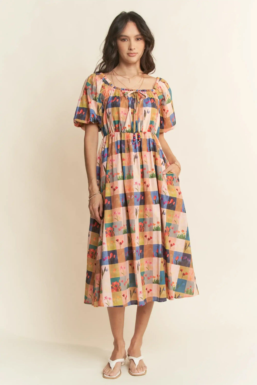 Floral Block Print Midi Dress for Women — Puff Sleeves