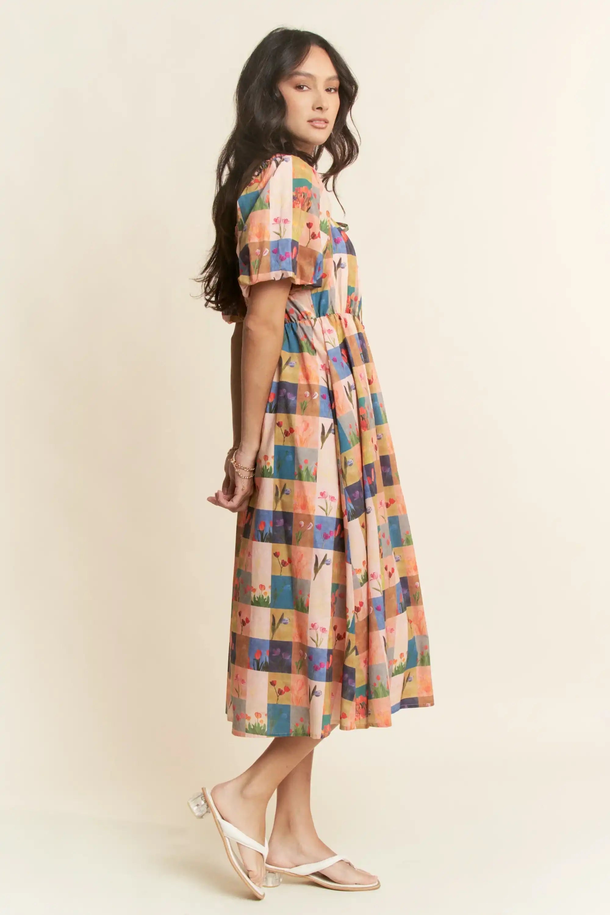 Floral Block Print Midi Dress for Women — Puff Sleeves - gallery