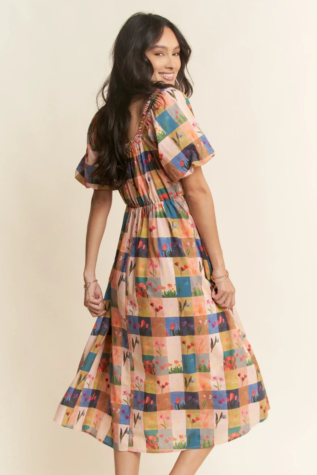 Floral Block Print Midi Dress for Women — Puff Sleeves - gallery