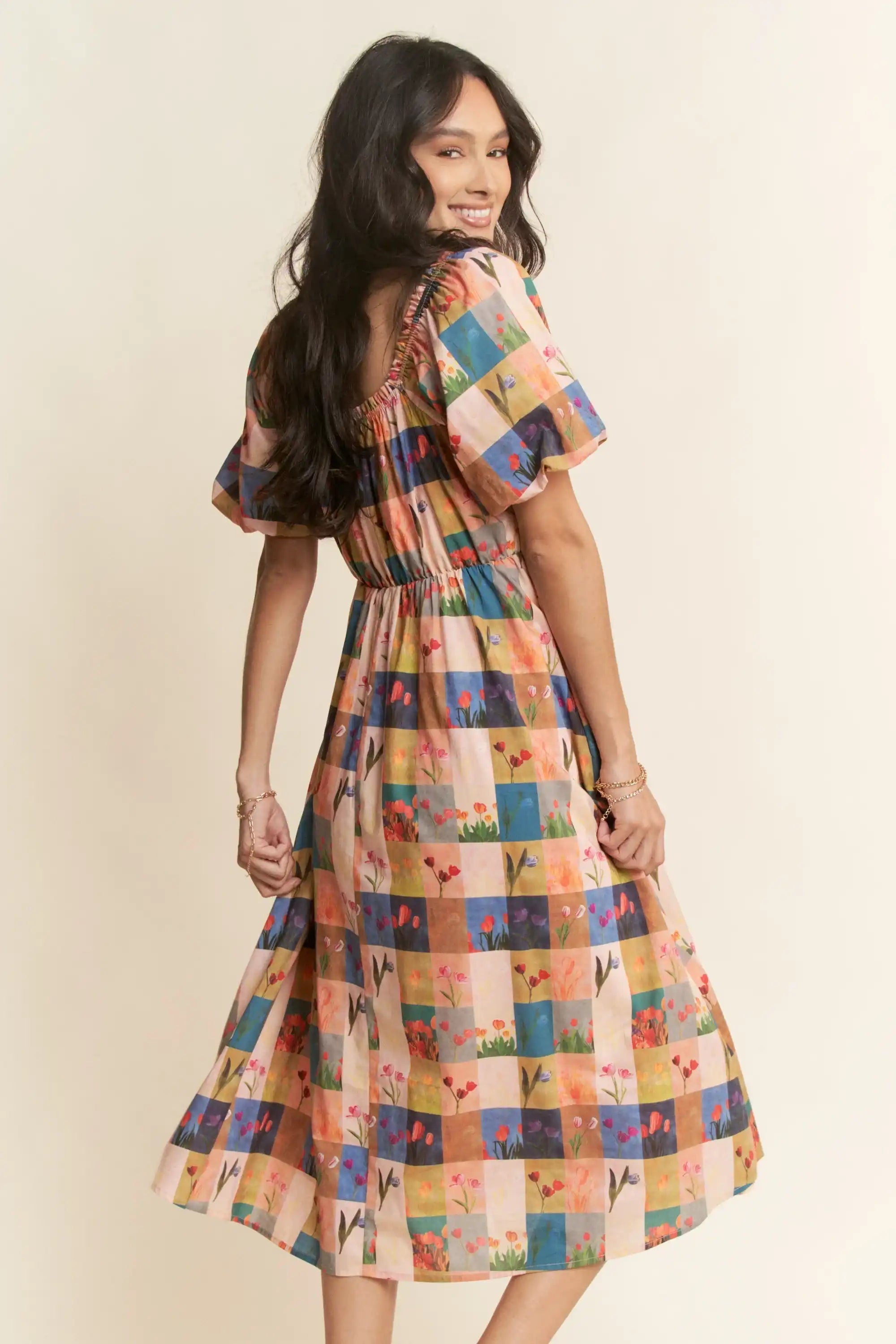 Floral Block Print Midi Dress for Women — Puff Sleeves - gallery