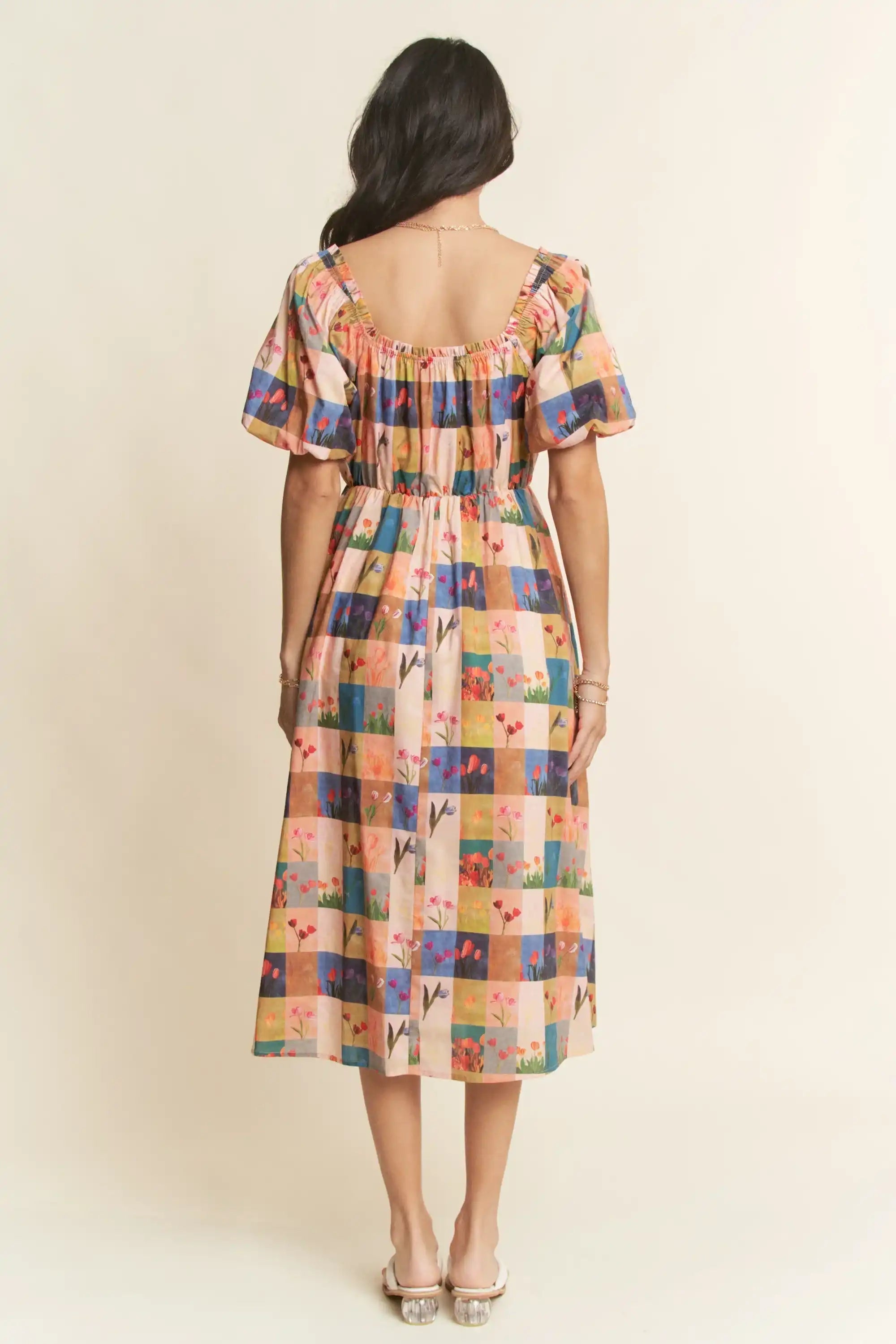 Floral Block Print Midi Dress for Women — Puff Sleeves - gallery