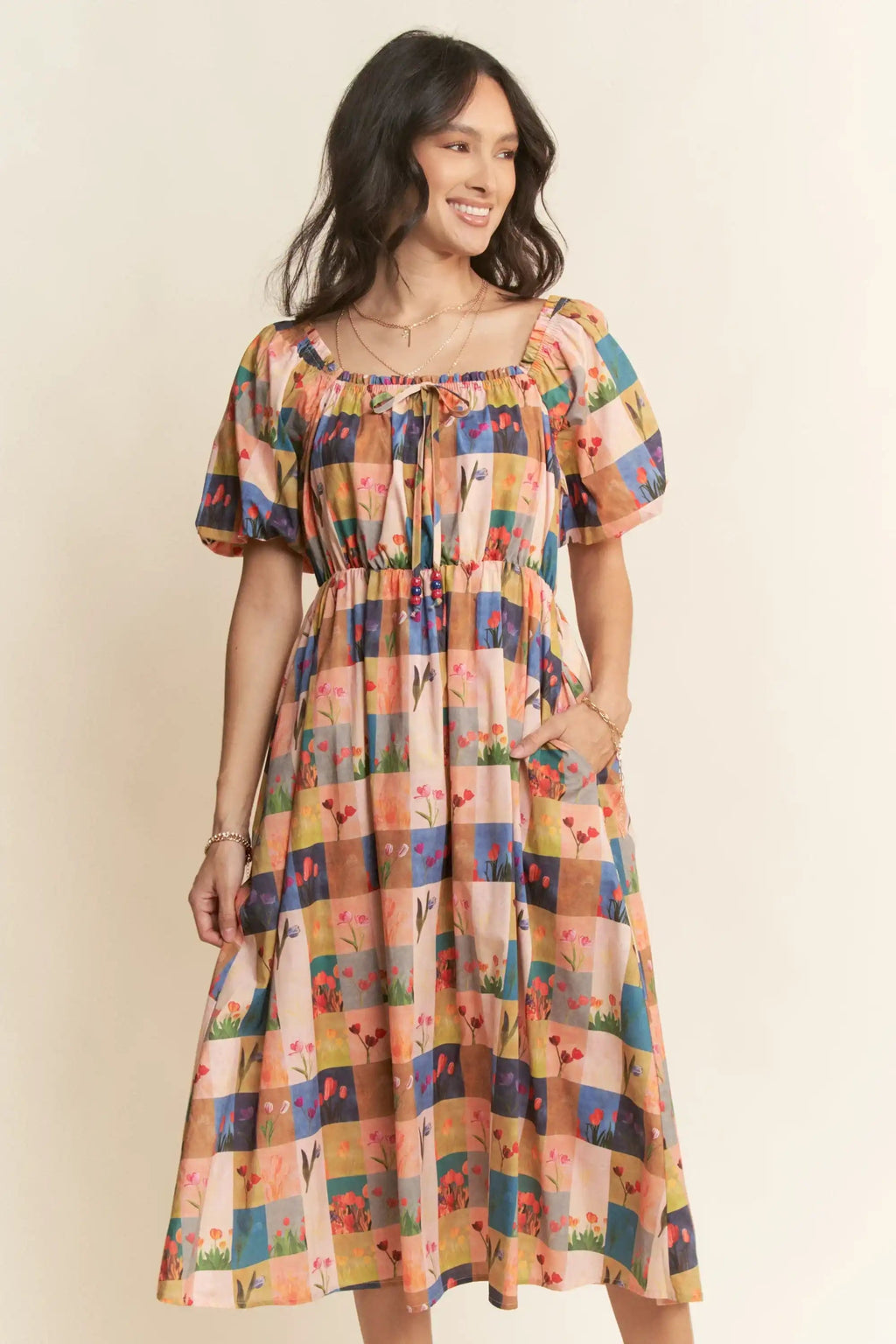 Floral Block Print Midi Dress for Women — Puff Sleeves - gallery