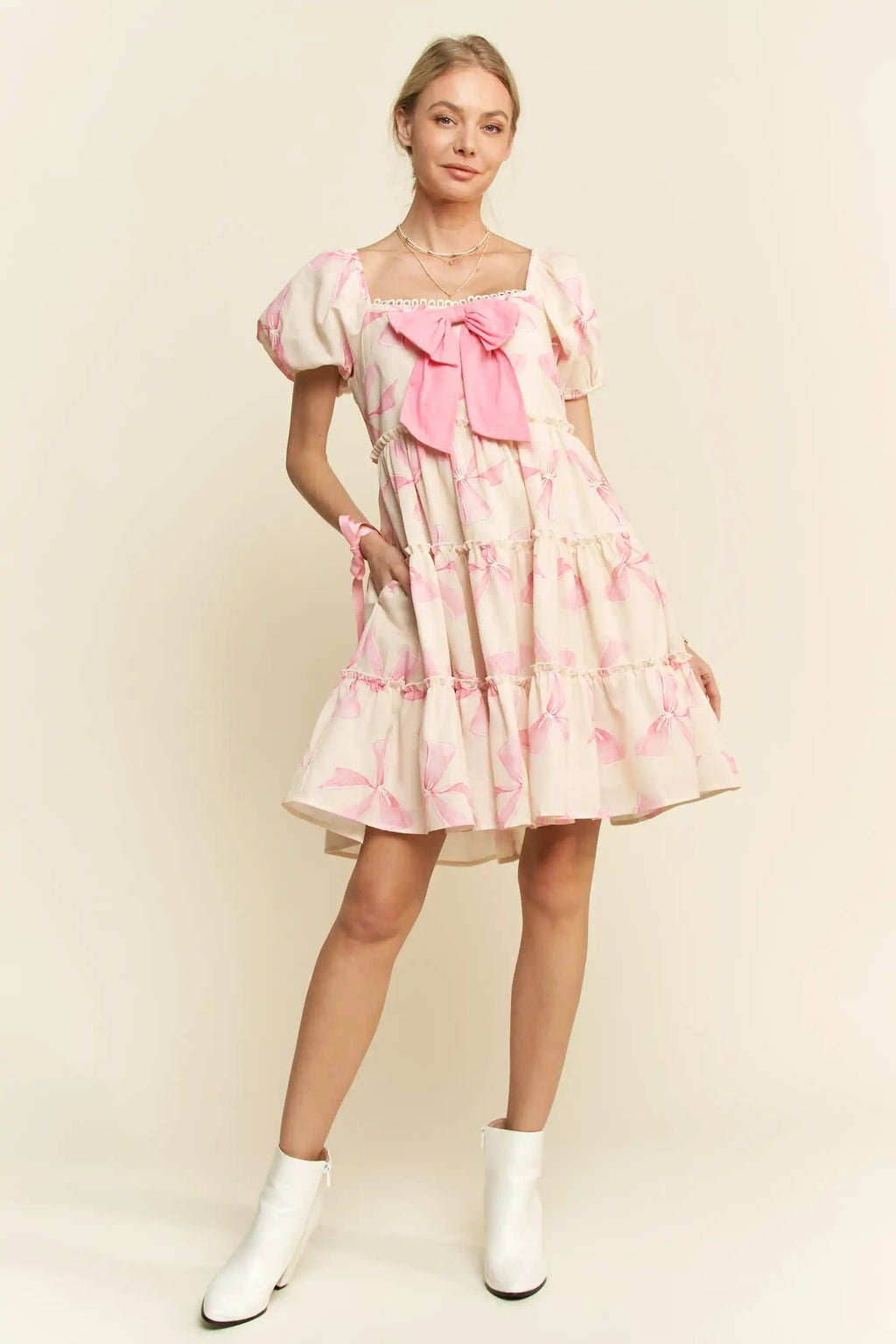 Puff Sleeve Bow-Front Babydoll Mini Dress for Women — Pink