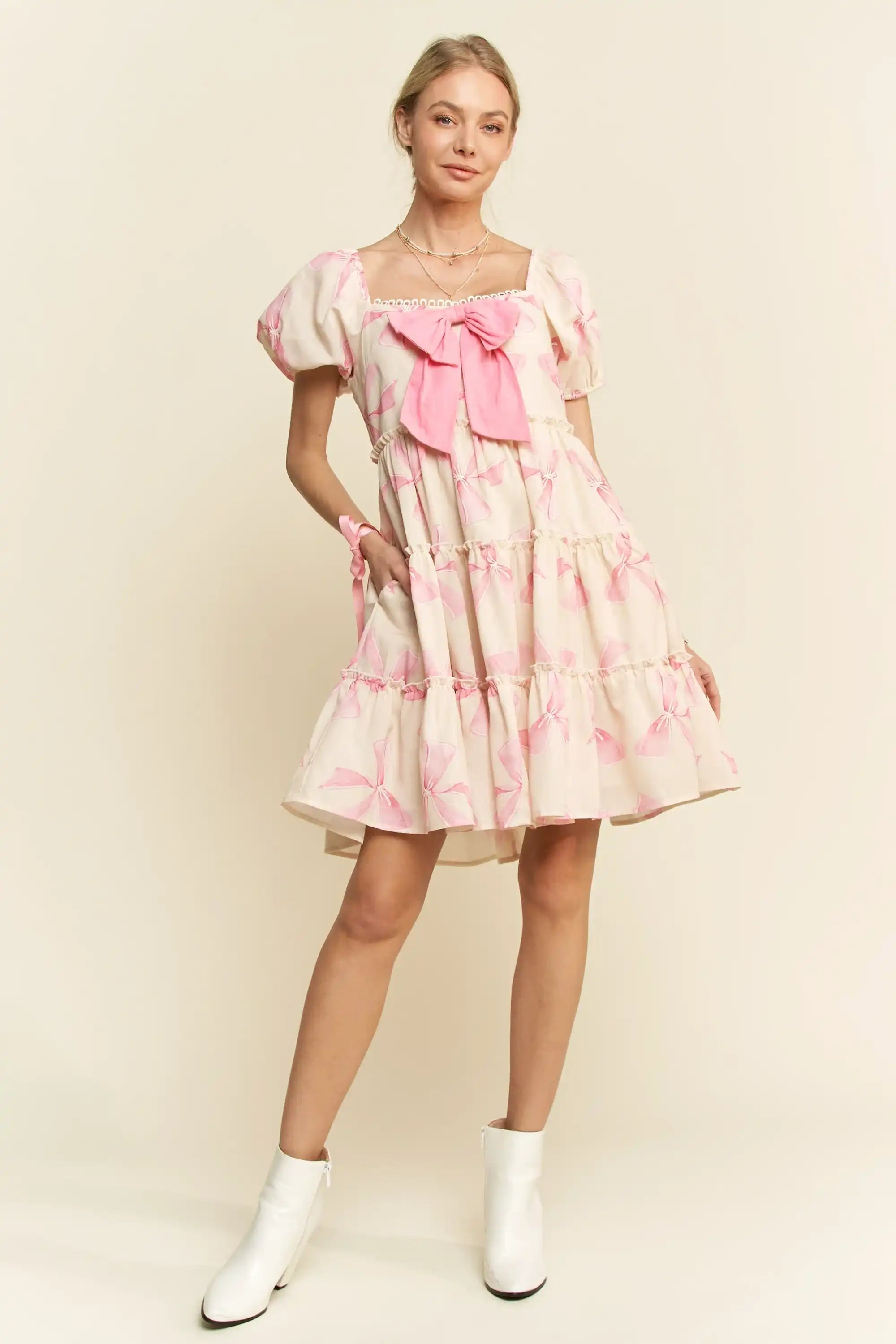 Puff Sleeve Bow-Front Babydoll Mini Dress for Women — Pink