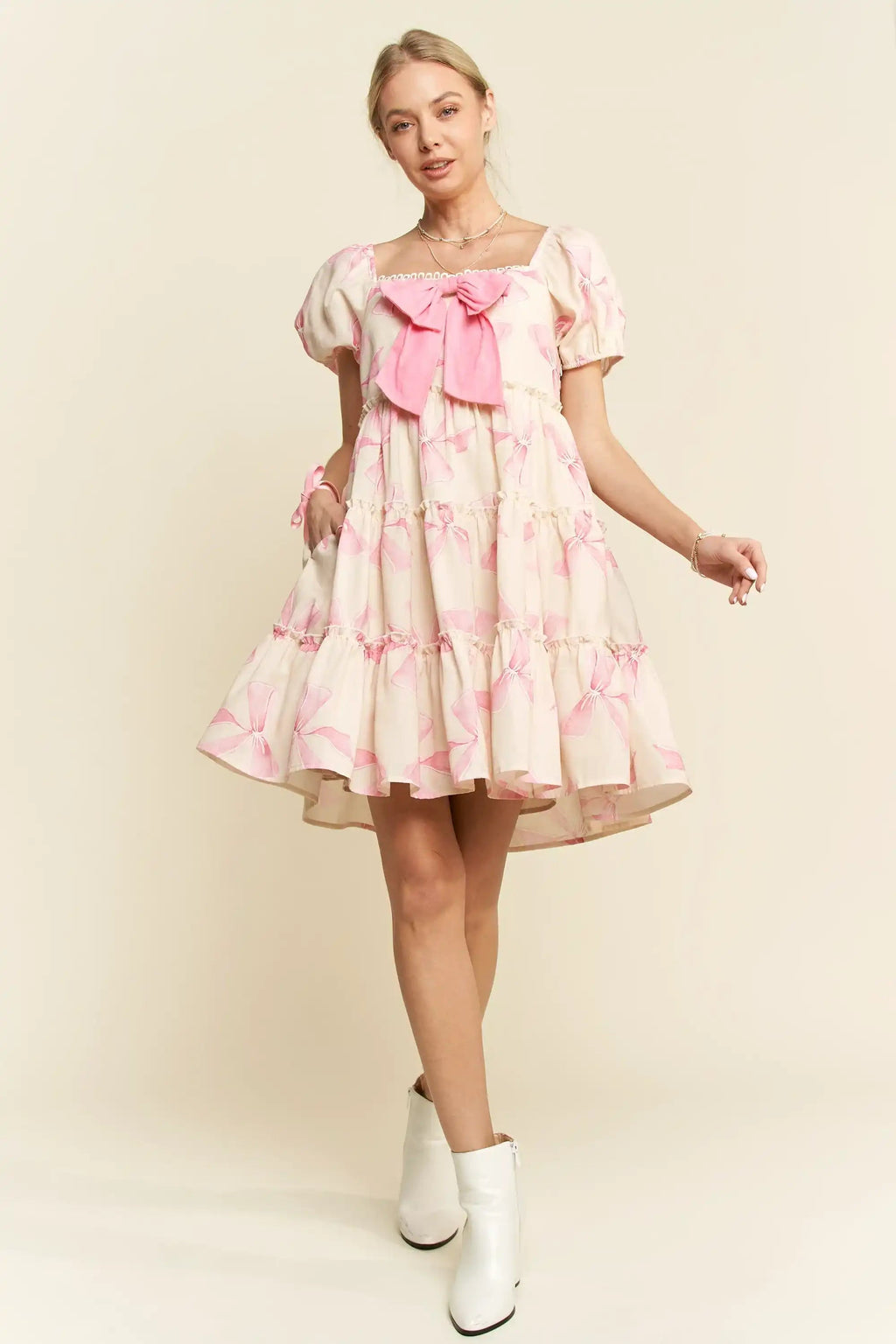 Puff Sleeve Bow-Front Babydoll Mini Dress for Women — Pink - gallery