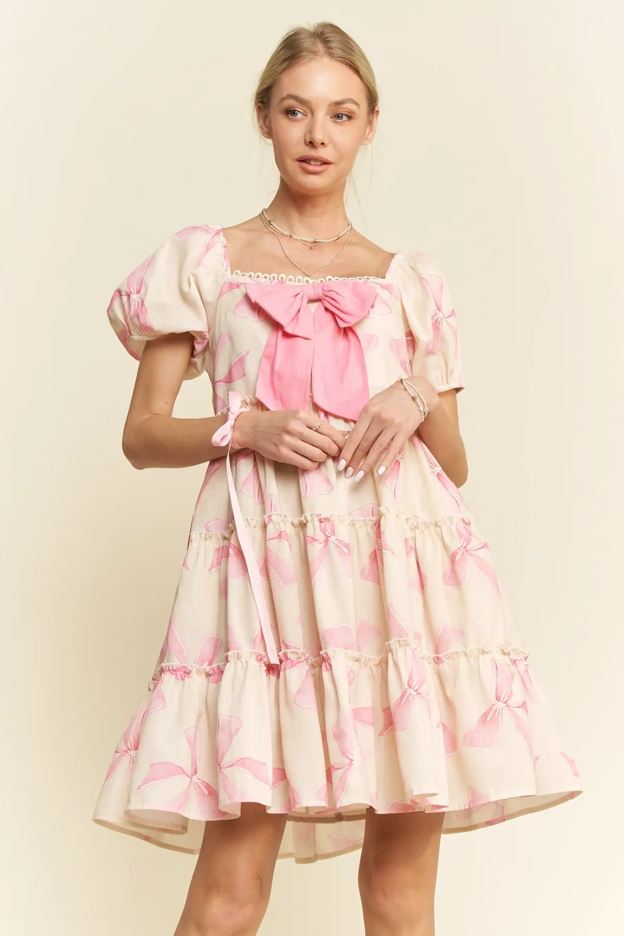 Puff Sleeve Bow-Front Babydoll Mini Dress for Women — Pink - gallery